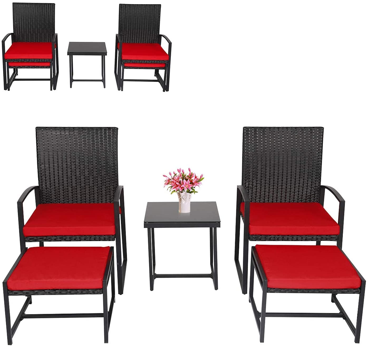 Kinbor 5-Piece PE Rattan Outdoor Patio Furniture Set with Cushions & Glass Coffee Table - All-Weather Wicker Conversation Set for Poolside, Garden, Balcony, Porch (Red) - Perfect for Backyard Relaxation & Outdoor Entertaining