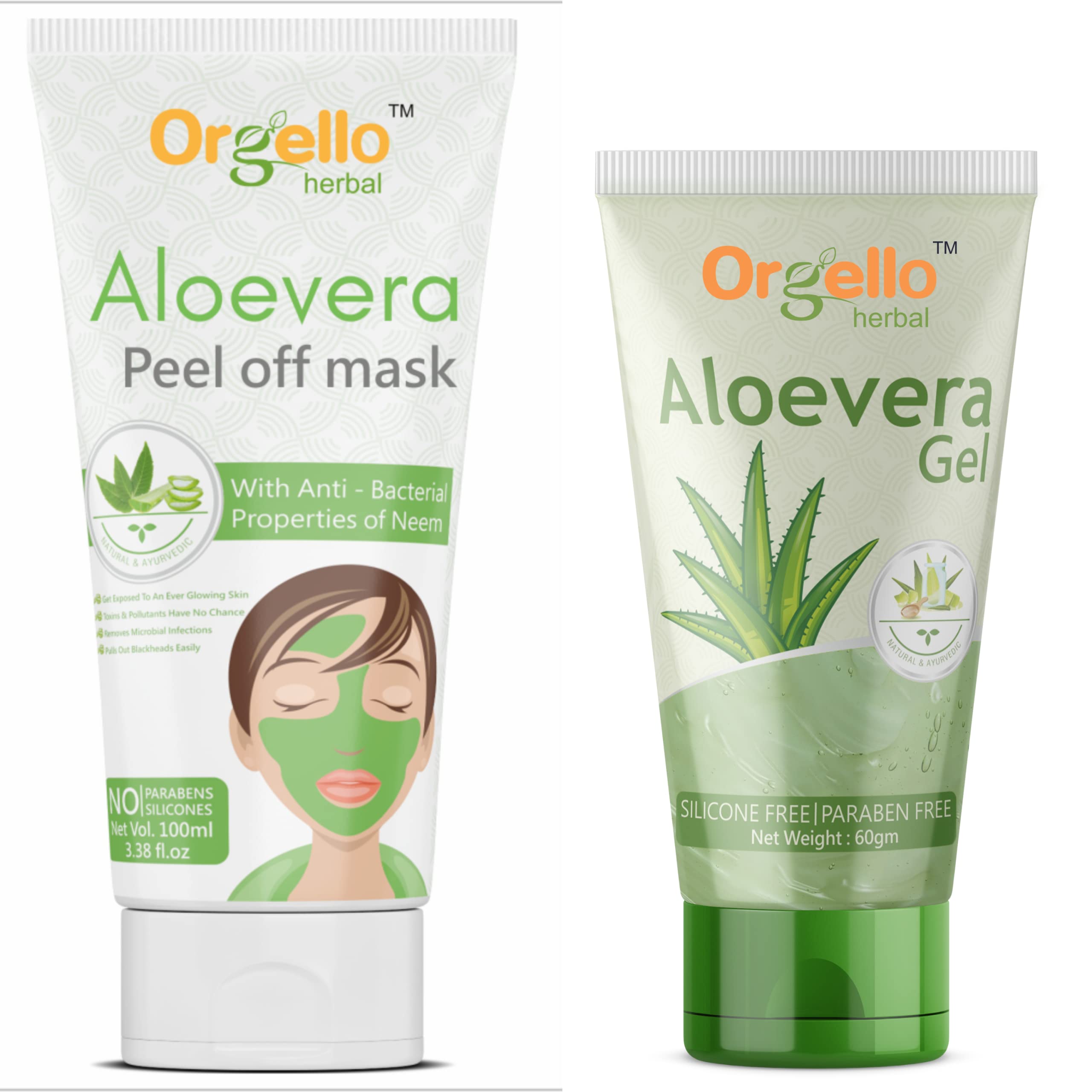 Orgello Aloe Vera Peel Off Face Mask & Gel Set - 100ml Mask + 60ml Gel for Men & Women - Paraben & Sulfate Free - Hydrates & Soothes Normal, Oily & Dry Skin - Perfect for Daily Skincare & Post-Sun Care