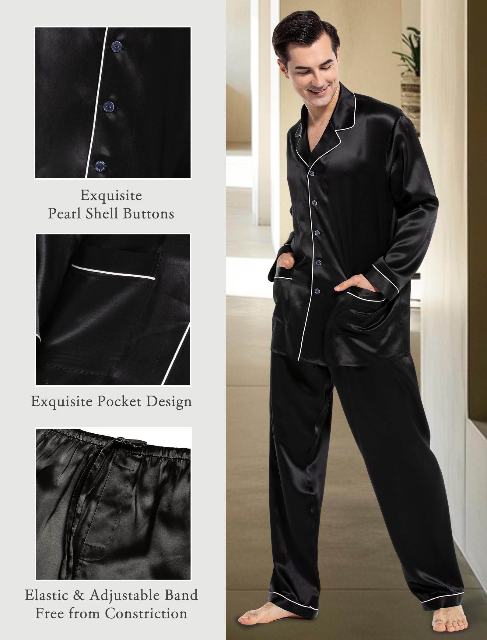 Luxury COLD POSH Men's Silk Pajama Set - 100% Pure Silk Long Sleeve Button Down Sleepwear for Men - Perfect for Relaxation, Lounging & Gift Giving