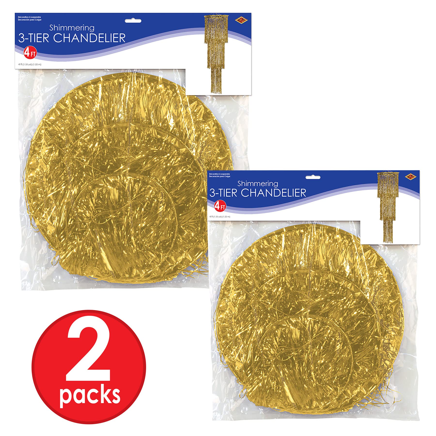 Beistle Gold 3-Tier Shimmering Chandelier - Pack of 2 Elegant Party Decorations for Weddings, Birthdays & Special Events