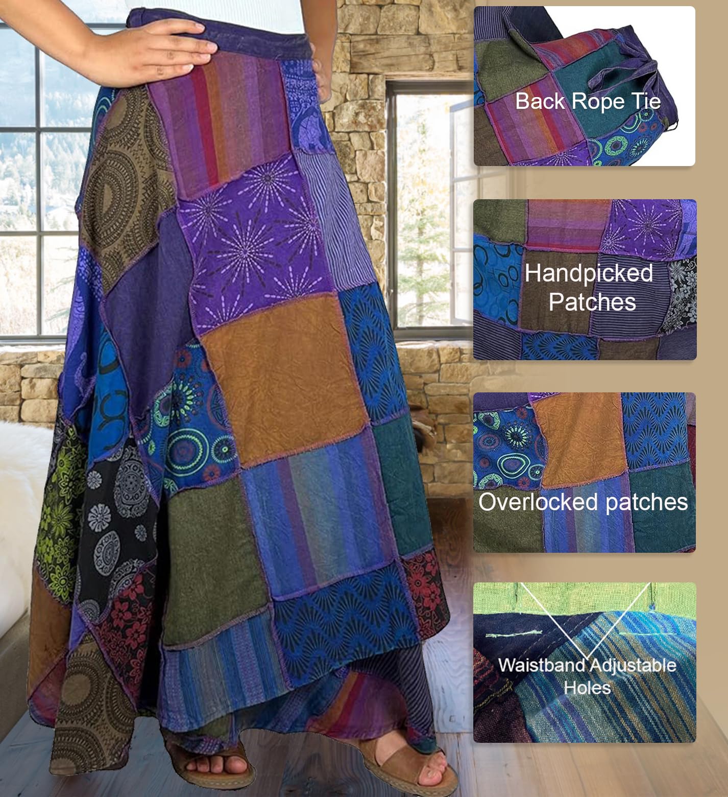 **Agan Traders Women's 2025 Spring & Fall Boho Maxi Skirt – High Waisted Long Skirt with Patchwork & Tie-Up Design – Perfect for Beach, Festival, and Casual Wear**
