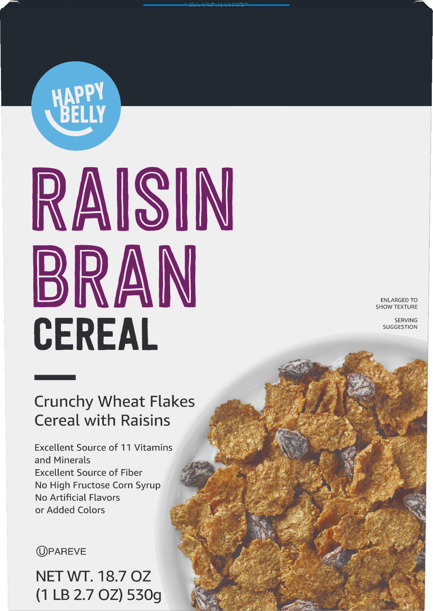 Happy Belly Raisin Bran Cereal - 18.7 Oz, Whole Grain Breakfast Cereal with Raisins - Perfect for Healthy Mornings, Snacks & Family Breakfasts