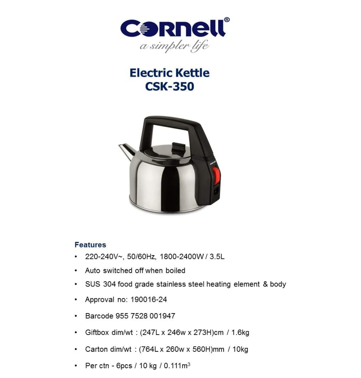 Cornell CSK350 3.5L Electric Kettle - Fast Boiling, Auto Shut-Off, Stainless Steel - Perfect for Home, Office & Tea/Coffee Brewing