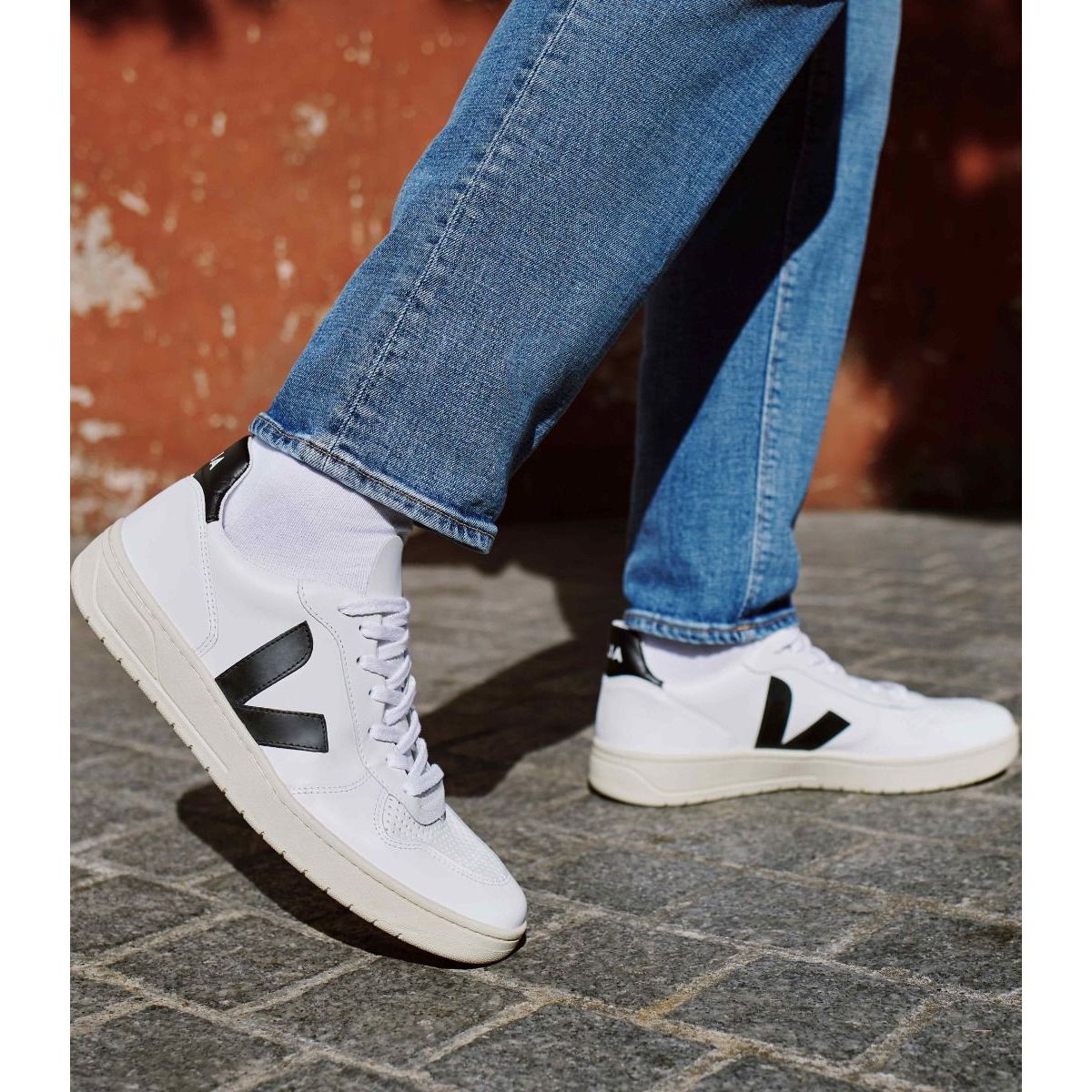 Veja Women's V 10 Leather Sneakers - White & Black Low Top Casual Shoes | Comfortable Vegan Sneakers for Walking, Work & Everyday Wear