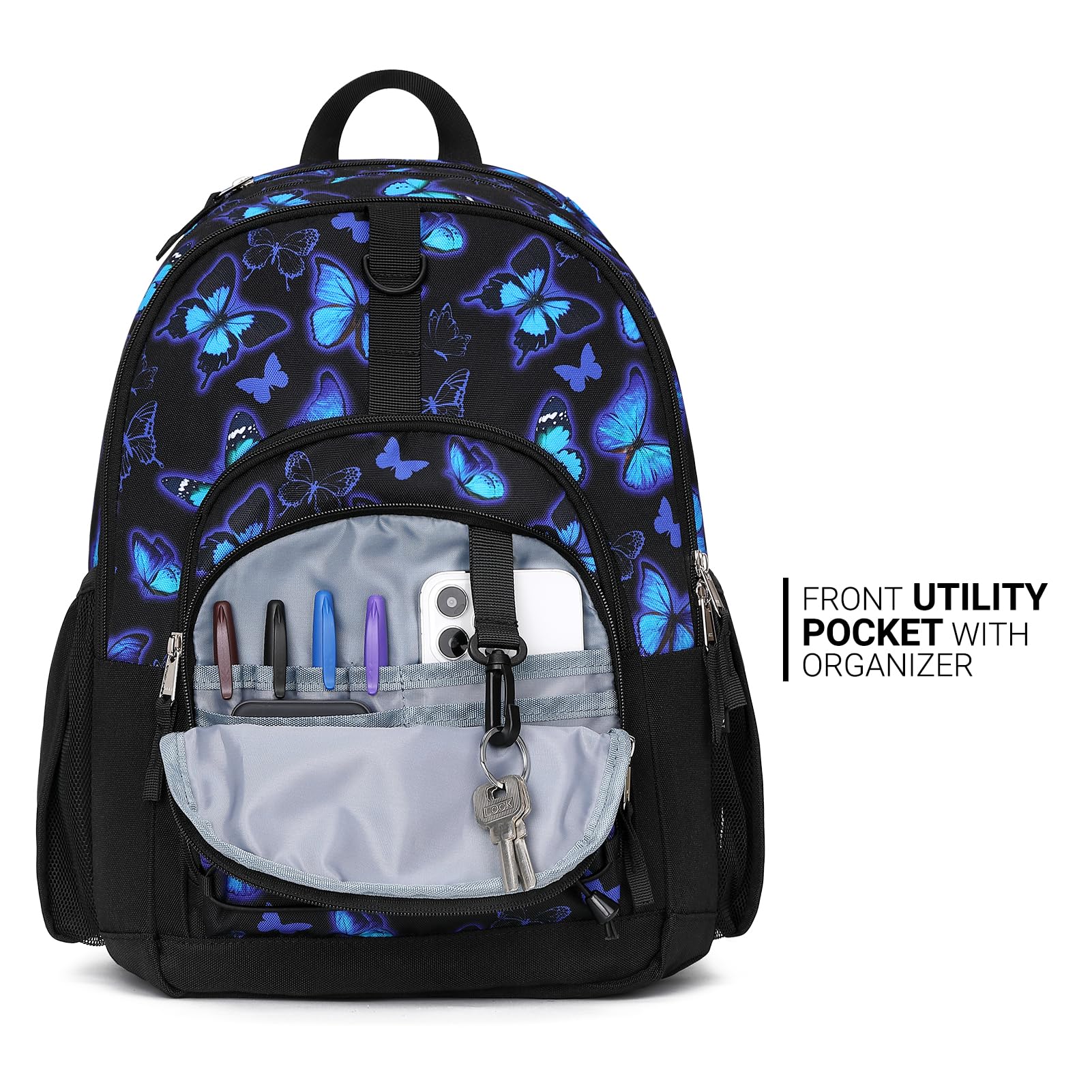 ZORFIN Kids Backpack for School & Travel - Multi Compartment Bookbag for Girls & Boys (Butterfly Black) - Perfect for Daily Use, Classroom, Outdoor Adventures & Weekend Trips