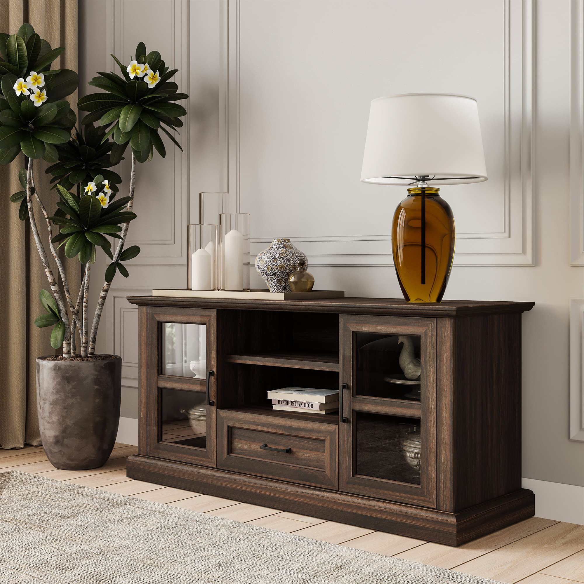 BELLEZE Rustic 62 Inch Modern TV Stand for 70 Inch TVs - Dark Walnut Entertainment Center with Adjustable Shelves & Glass Cabinet Doors - Perfect for Living Room, Bedroom & Home Theater Setup