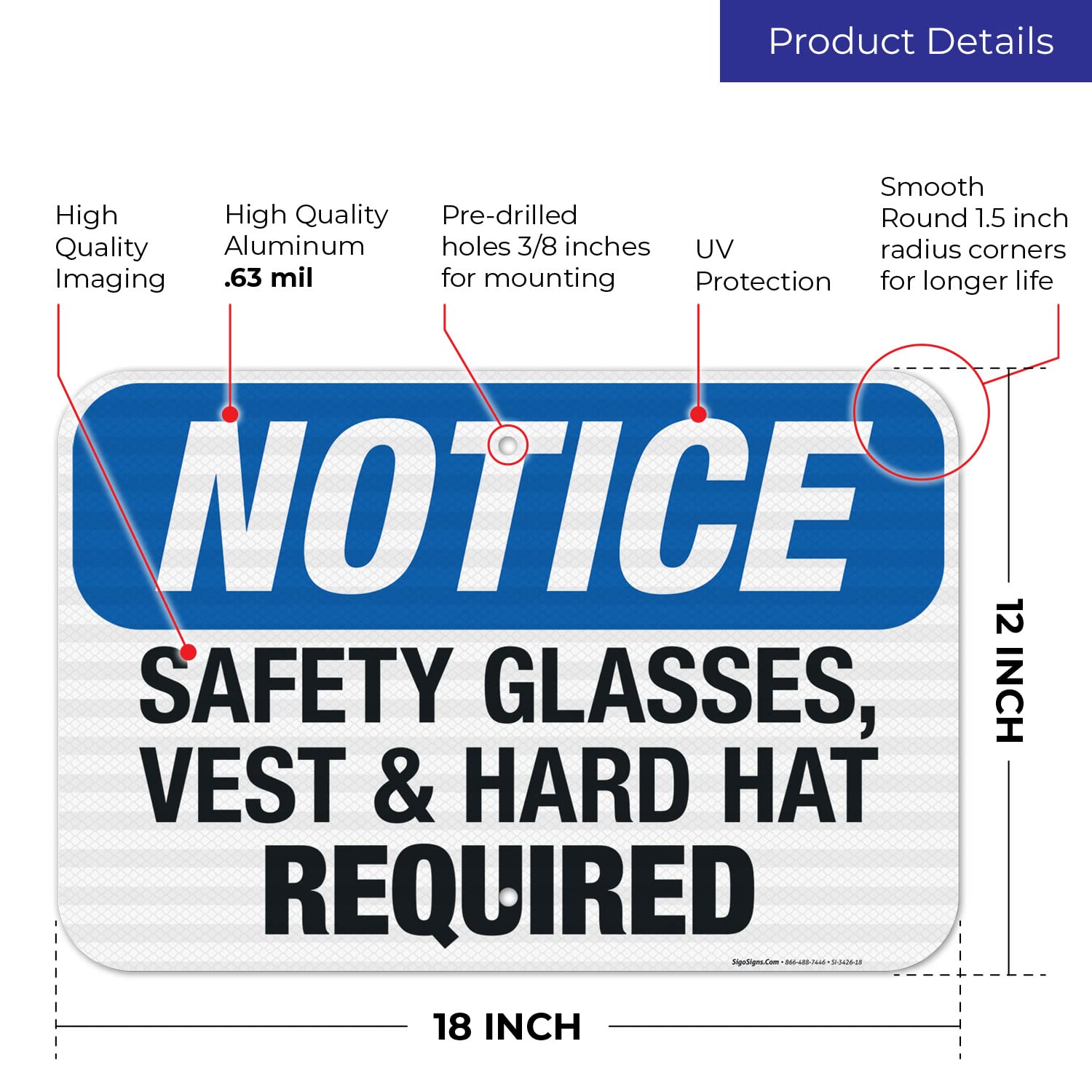OSHA Compliant Safety Glasses Vest & Hard Hat Required Sign - 12x18 Inch Reflective Aluminum Sign for Construction Sites & Work Zones - 3M EGP .063 Fade-Resistant Material - Indoor/Outdoor Use - Made in USA - Perfect for Factories, Warehouses & Hazardous Areas