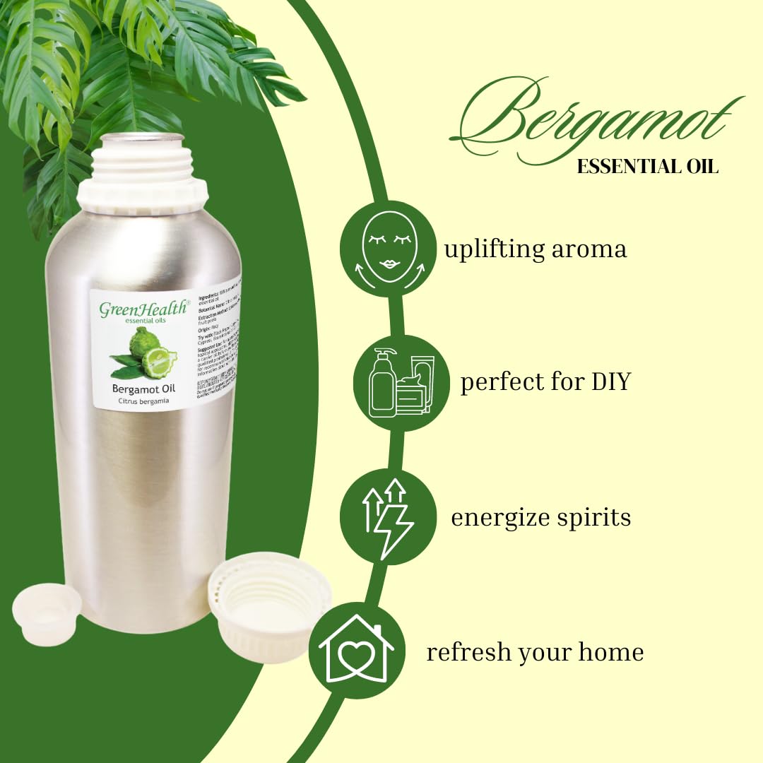 100% Pure Bergamot Essential Oil - 1 fl oz (30ml) Natural Aromatherapy Oil for Stress Relief, Mood Boosting & Skin Care - Greenhealth - Perfect for Diffusers, Massage & DIY Beauty Products