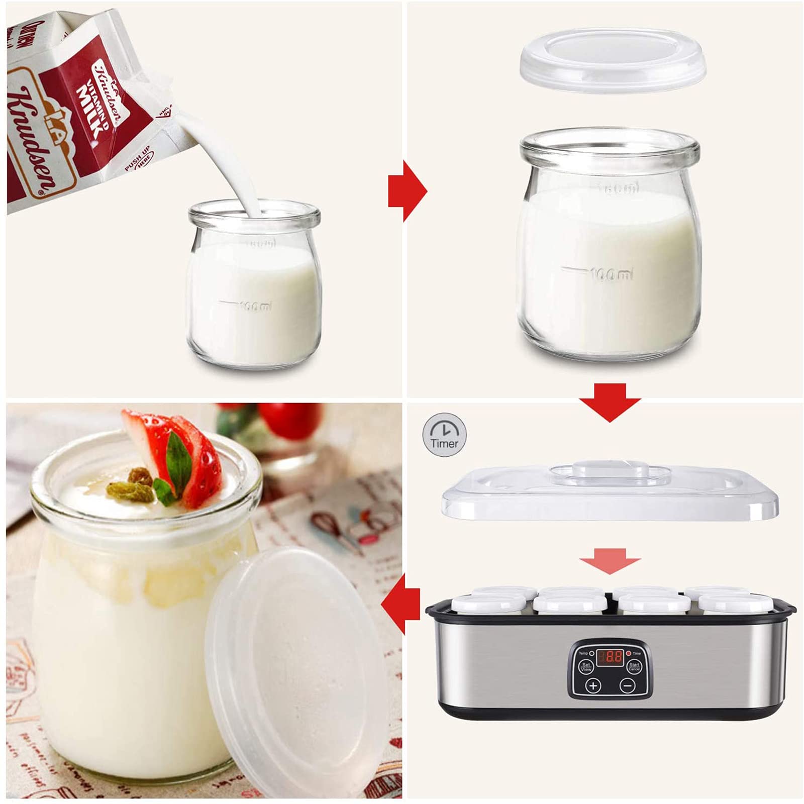 Automatic Digital Yogurt Maker Machine with LCD Display - 8 Glass Jars (48 Oz) - Stainless Steel Design & Auto Temperature Control - Perfect for Homemade Yogurt, Healthy Snacks, and Family Breakfast