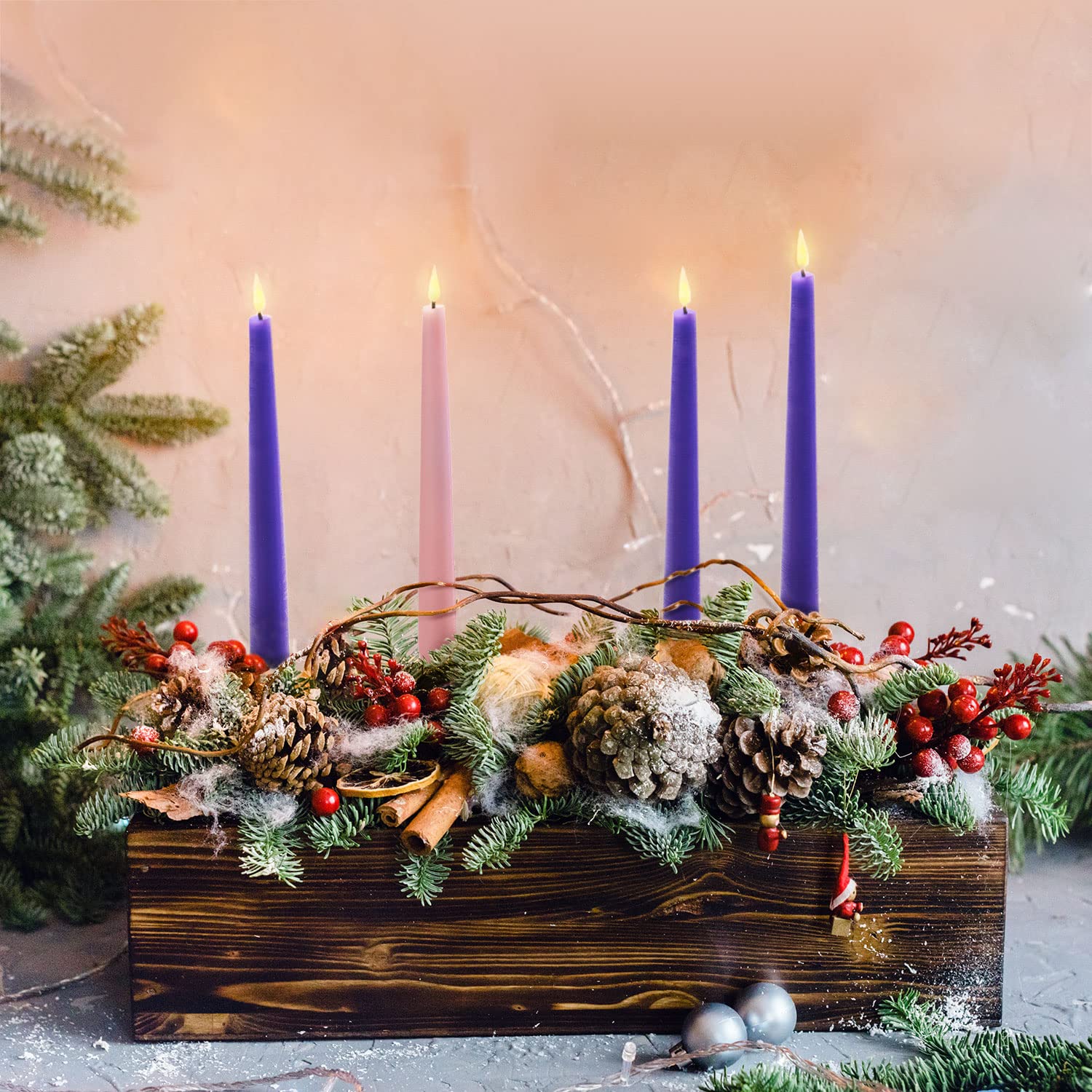 Battery Operated Flameless Candles Set - 10 Inch Purple & Pink for Advent Wreath & Lent Decor