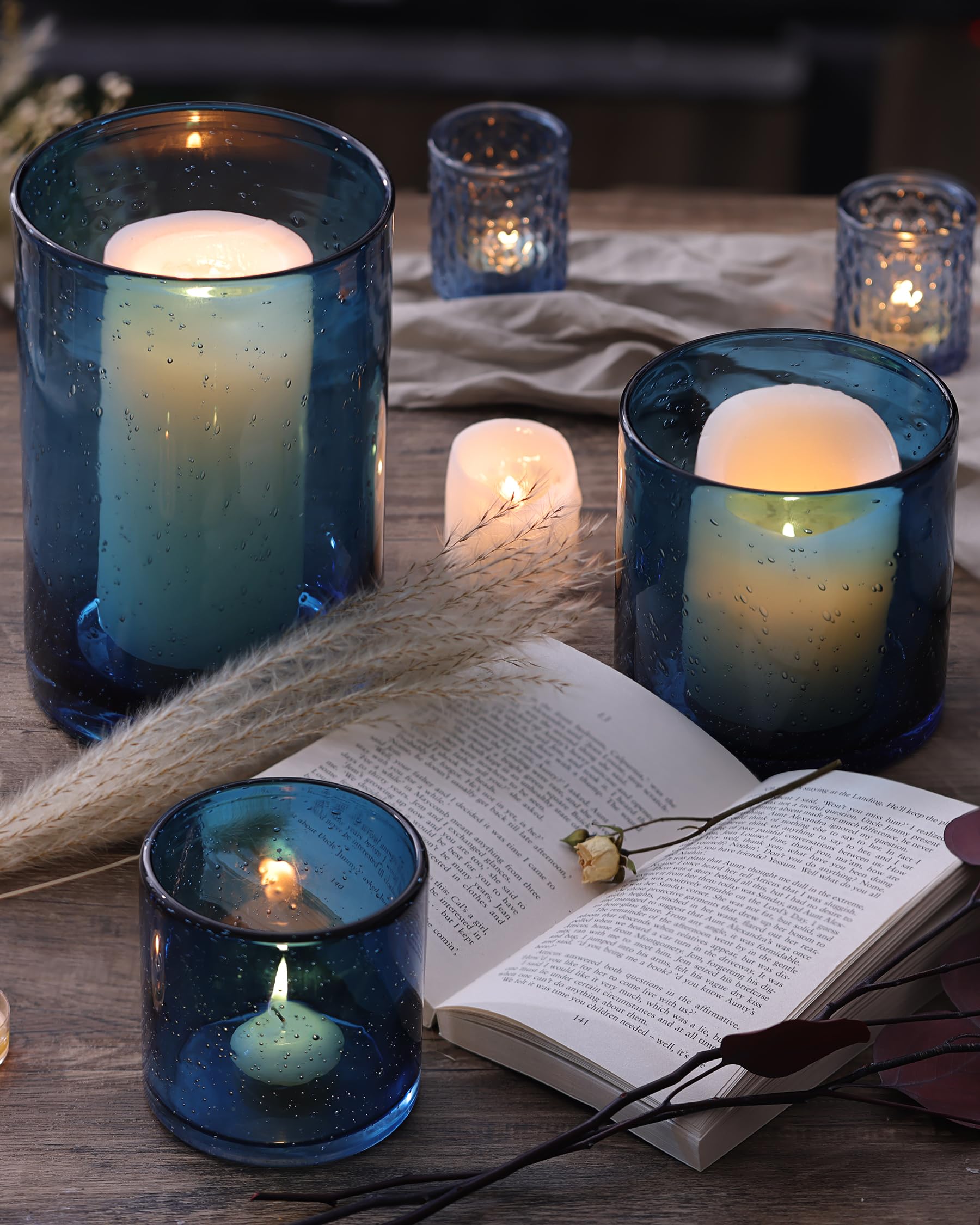Blue Glass Hurricane Candle Holders Set of 3 - Seeded Bubbles Pillar Candle Holders 8