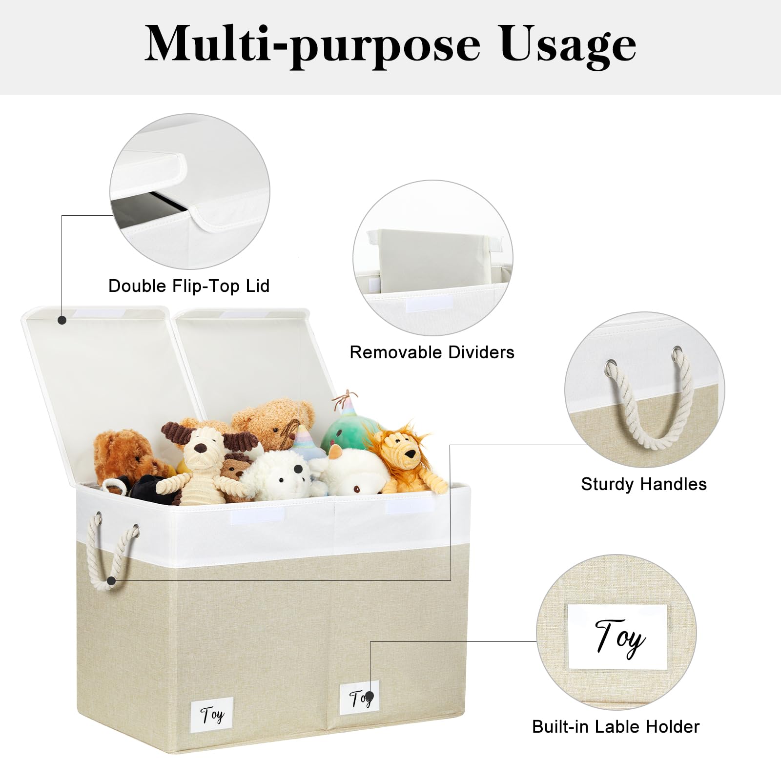 HNZIGE Large Collapsible Fabric Storage Box with Flip-Top Lid - Toy Organizer Bin for Kids Bedroom, Clothes & Toys - Foldable Toy Chest Container (White & Beige) | Perfect for Nursery Organization, Playroom Storage & Closet Decluttering