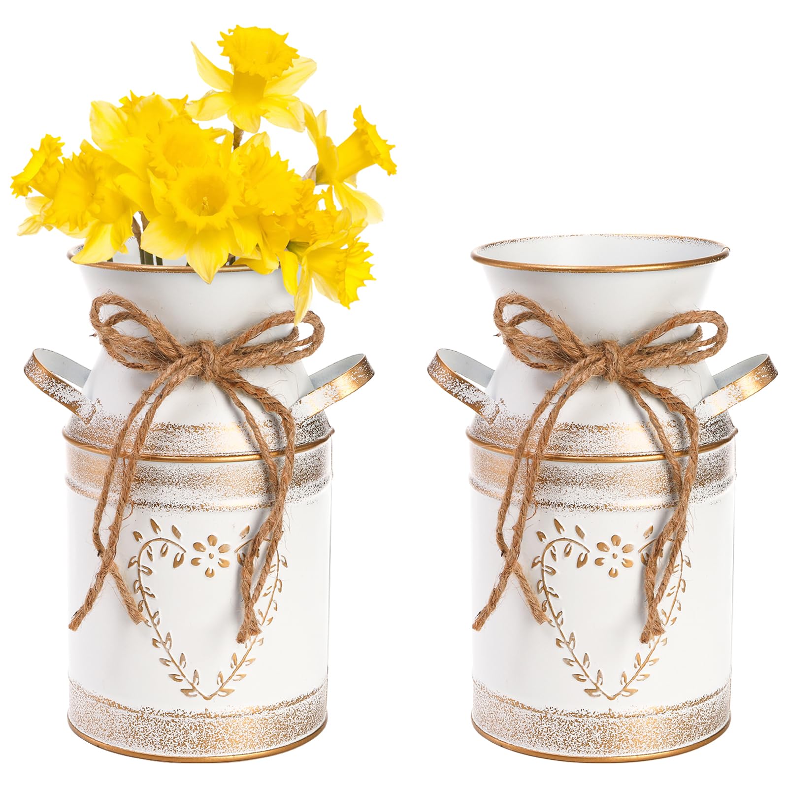 Hacaroa 2 Pack Galvanized Metal Milk Can Vase - 7.5 Inch/19 cm Rustic Farmhouse Decor with Handle, Shabby Chic Flower Vase & Mini Pitcher for Home, Living Room, Kitchen, Wedding Centerpiece, Garden Decor