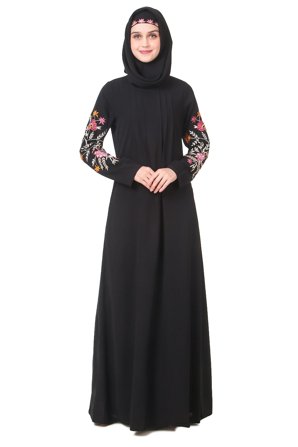 Embellished Sleeve Pleated Front Abaya Dress - Elegant Muslim Women's Islamic Prayer Dress for Mosque & Special Occasions