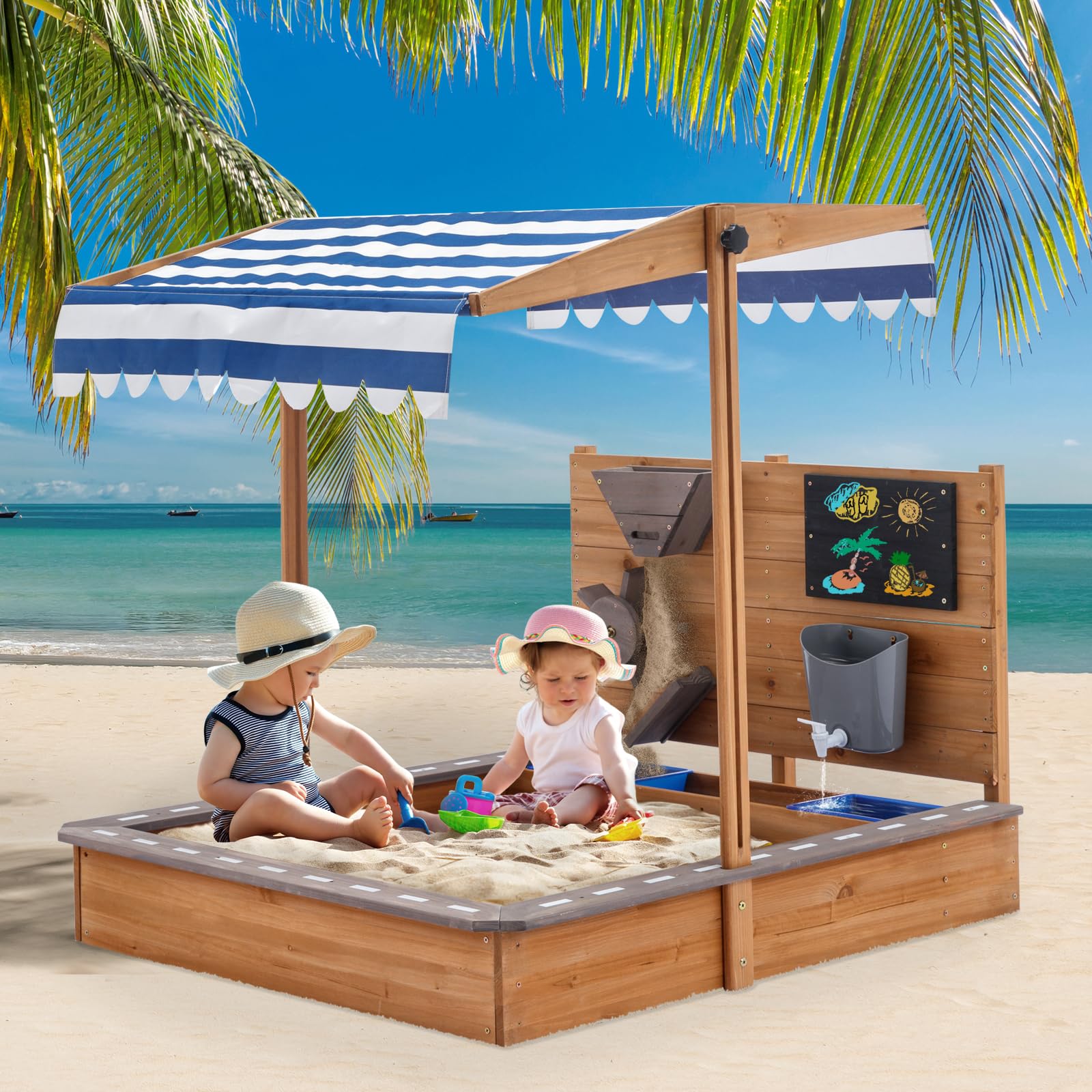 MOOITZ Large Wooden Sandbox with Adjustable Canopy Cover - Outdoor Sand Play Box for Kids, Backyard, Garden & Beach - Includes Sand Funnel & Drawing Board - Perfect for Patio, Playground & Outdoor Activities (Brown, 2023 Model)