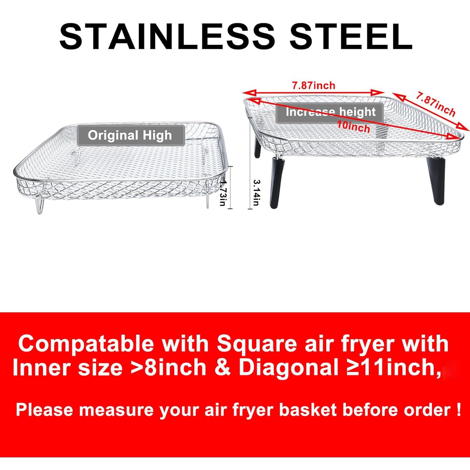 7.8 Inch Square Air Fryer Rack - 3 Stackable Dehydrator Trays - Compatible with Square Air Fryers (Inner Size >8 Inch) - Perfect for Baking, Roasting & Drying Food