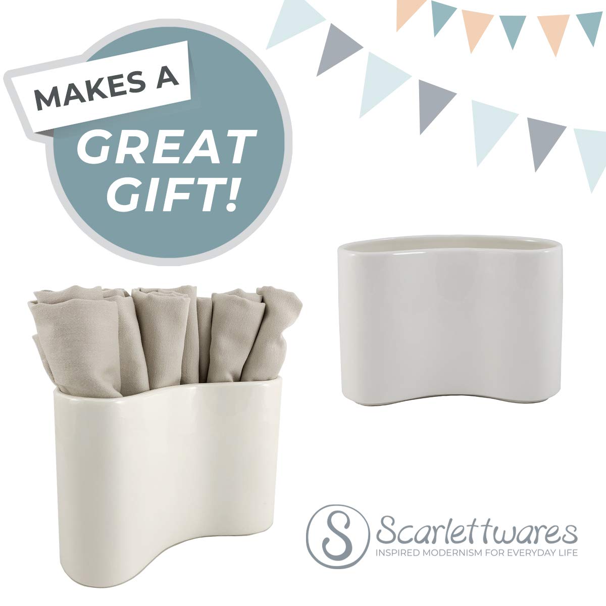 Ceramic Napkin Holder - Modern Farmhouse White Upright Stand for Table Kitchen, Paper & Linen Cloth Napkins | Compact, Stylish & Sturdy | Perfect for Dining Room, Kitchen Counter & Farmhouse Decor