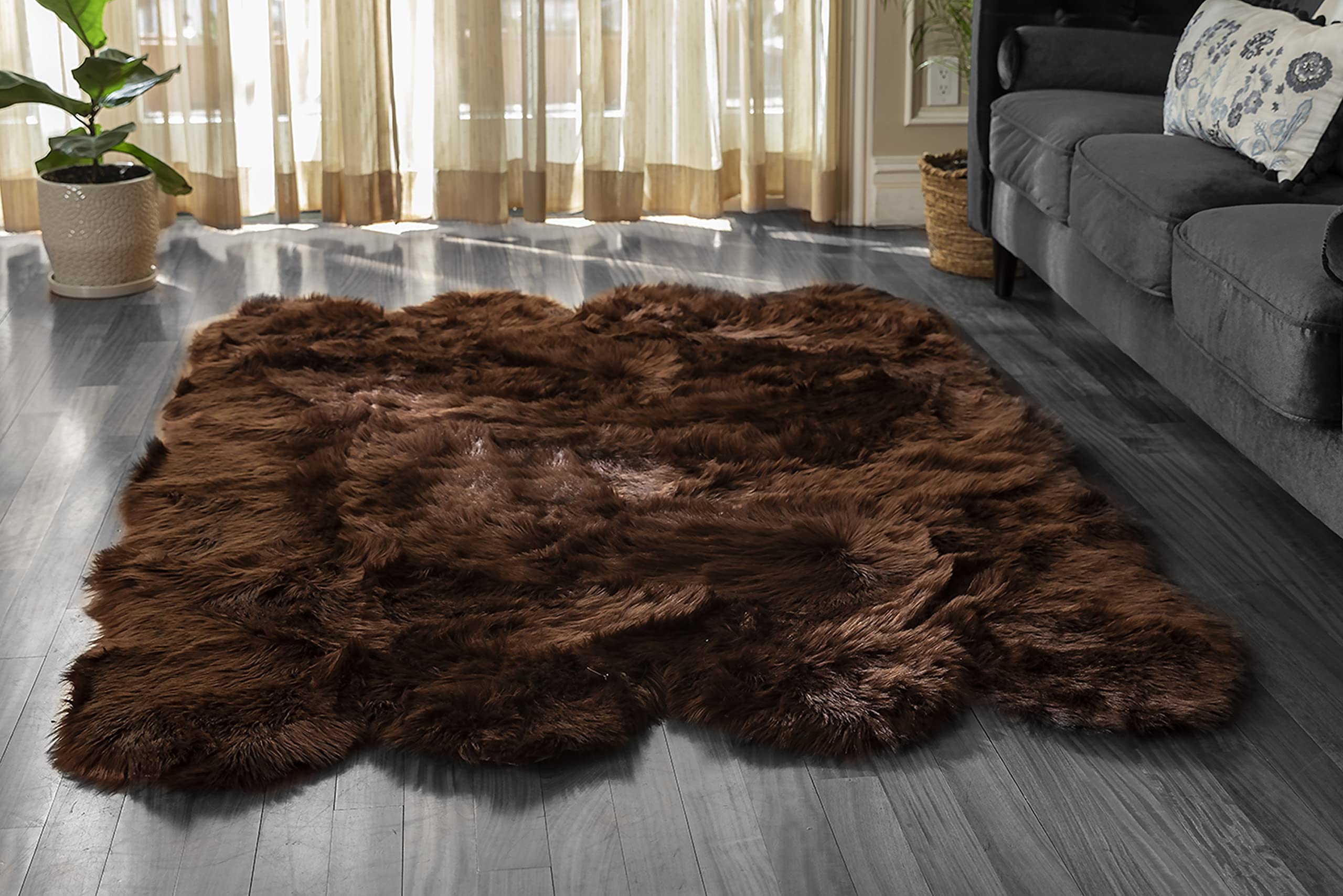 5x7 ft Soft Faux Fur Area Rug - Brown Shaggy Sheepskin Rug for Living Room, Bedroom, Nursery | Non-Slip Machine Washable Fluffy Rug for Home Decor & Kids Room | Cozy Floor Mat for Winter Warmth & Pet-Friendly Spaces