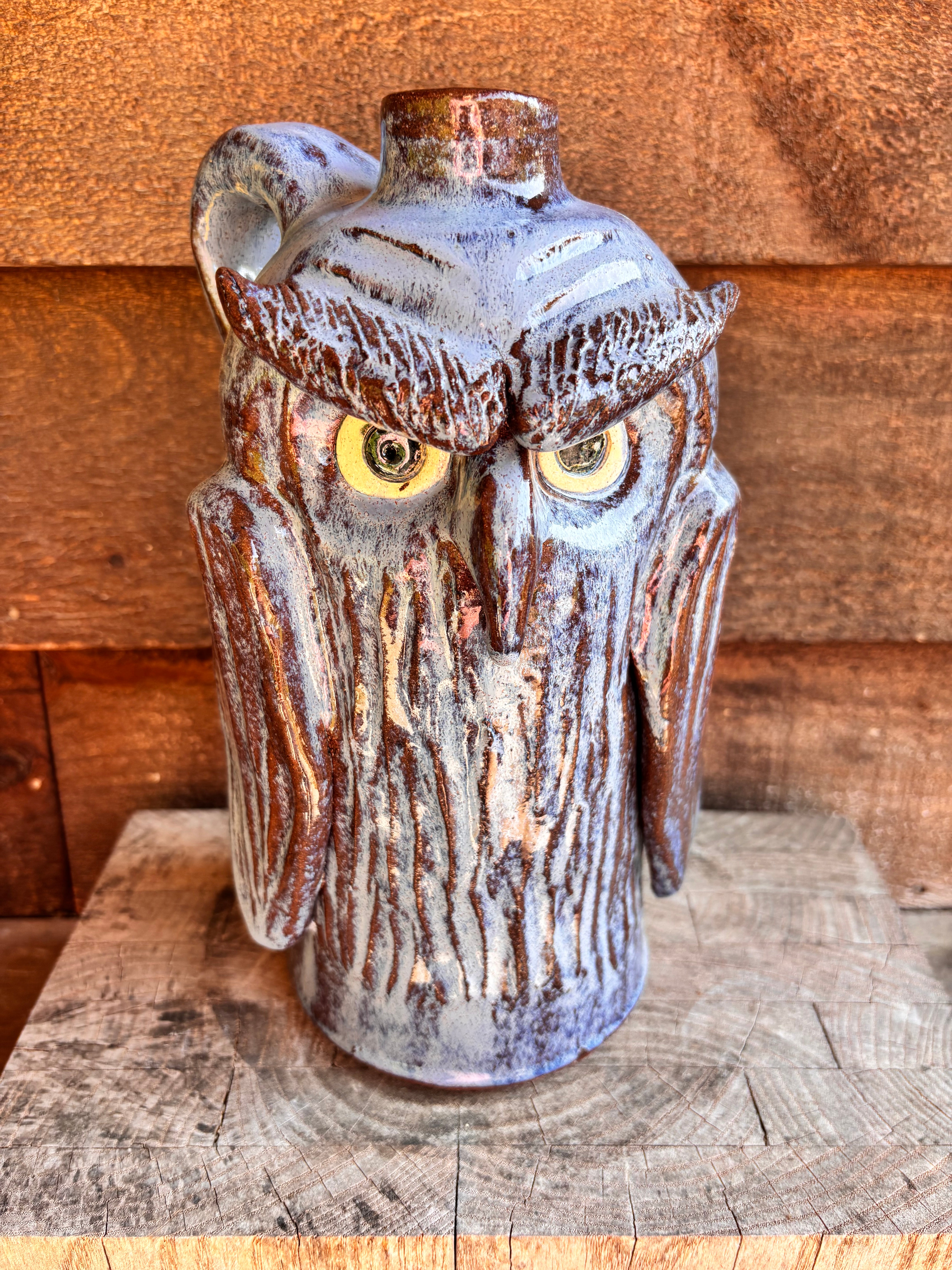 Dal Burtchall 10 Owl Face Jug - Handcrafted Ceramic Decorative Pitcher for Home Decor, Unique Gift Idea for Halloween, Thanksgiving & Christmas - Perfect for Table Centerpieces, Shelf Displays & Party Decorations
