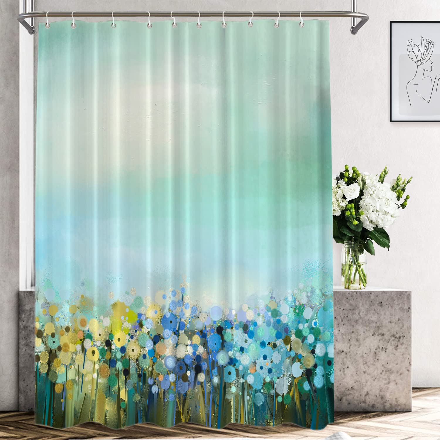 Shrahala Abstract Floral Shower Curtain - Cornflower Blue Botanical Bathroom Decor, Waterproof Fabric with Grommets, Standard Size 60x72 Inches - Perfect for Modern Bathrooms & Spa-Like Retreats
