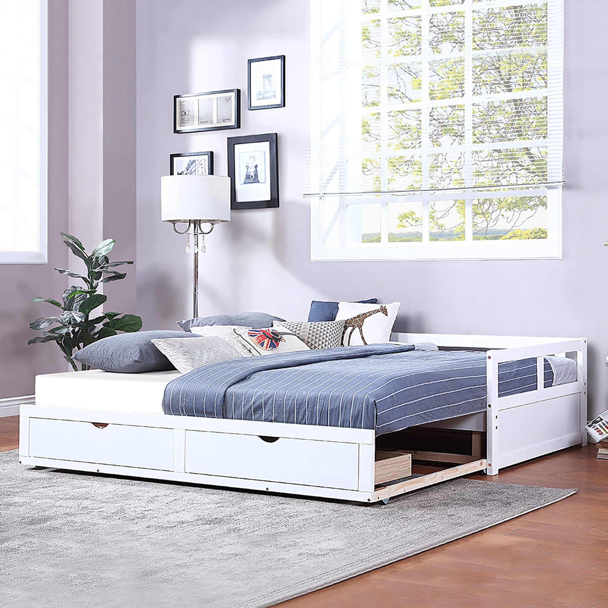 P PURLOVE White Wooden Extendable Daybed with 2 Storage Drawers - Convertible Sofa Bed for Small Spaces, Guest Room & Living Room - Perfect for Apartments, Dorms & Home Offices