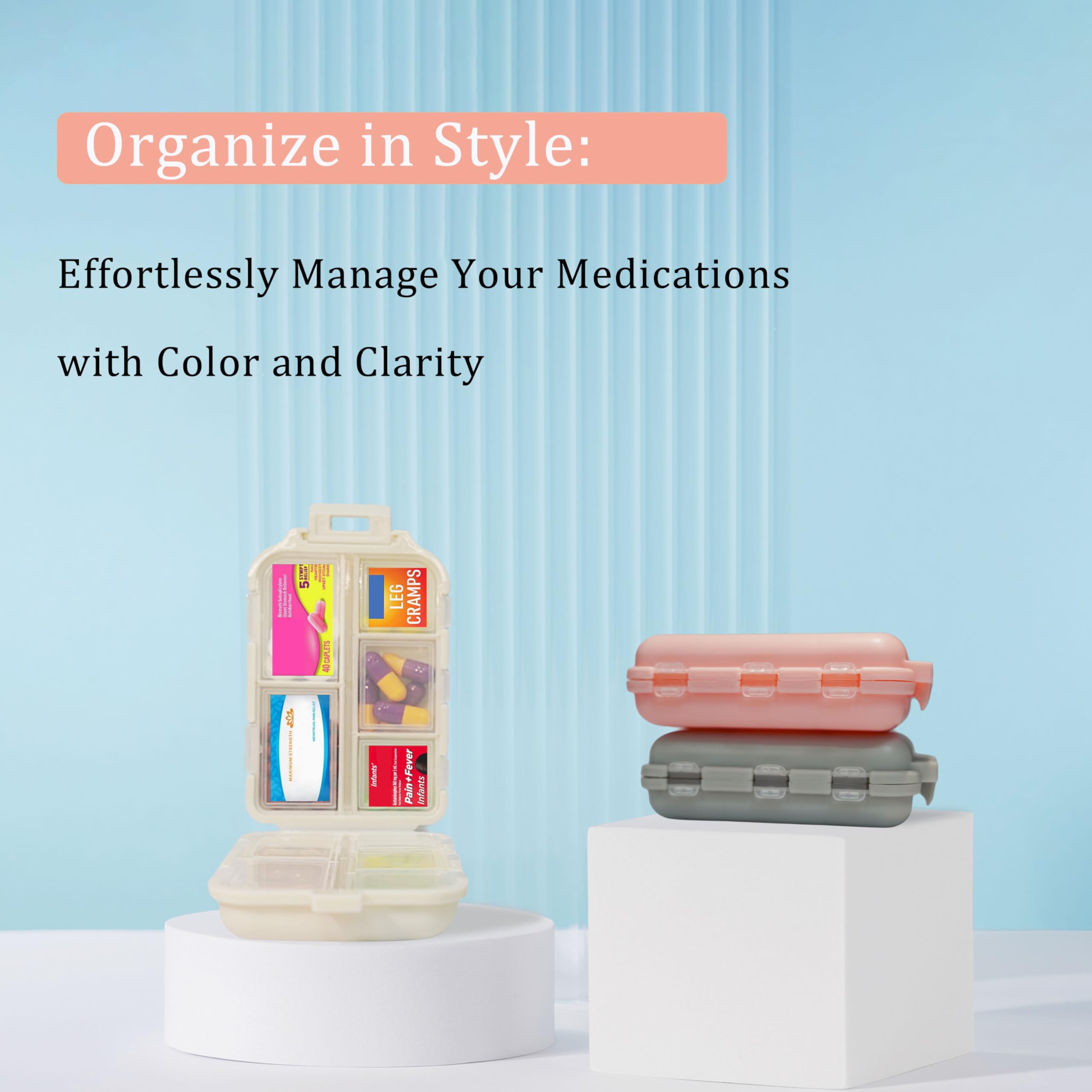 7-Day Pill Organizer with 161 Medicine Labels - Portable Travel Medication Case, Daily Pill Container for Vitamins & Supplements (Beige, 1 Pack) - Perfect for Home, Office & Travel Essentials