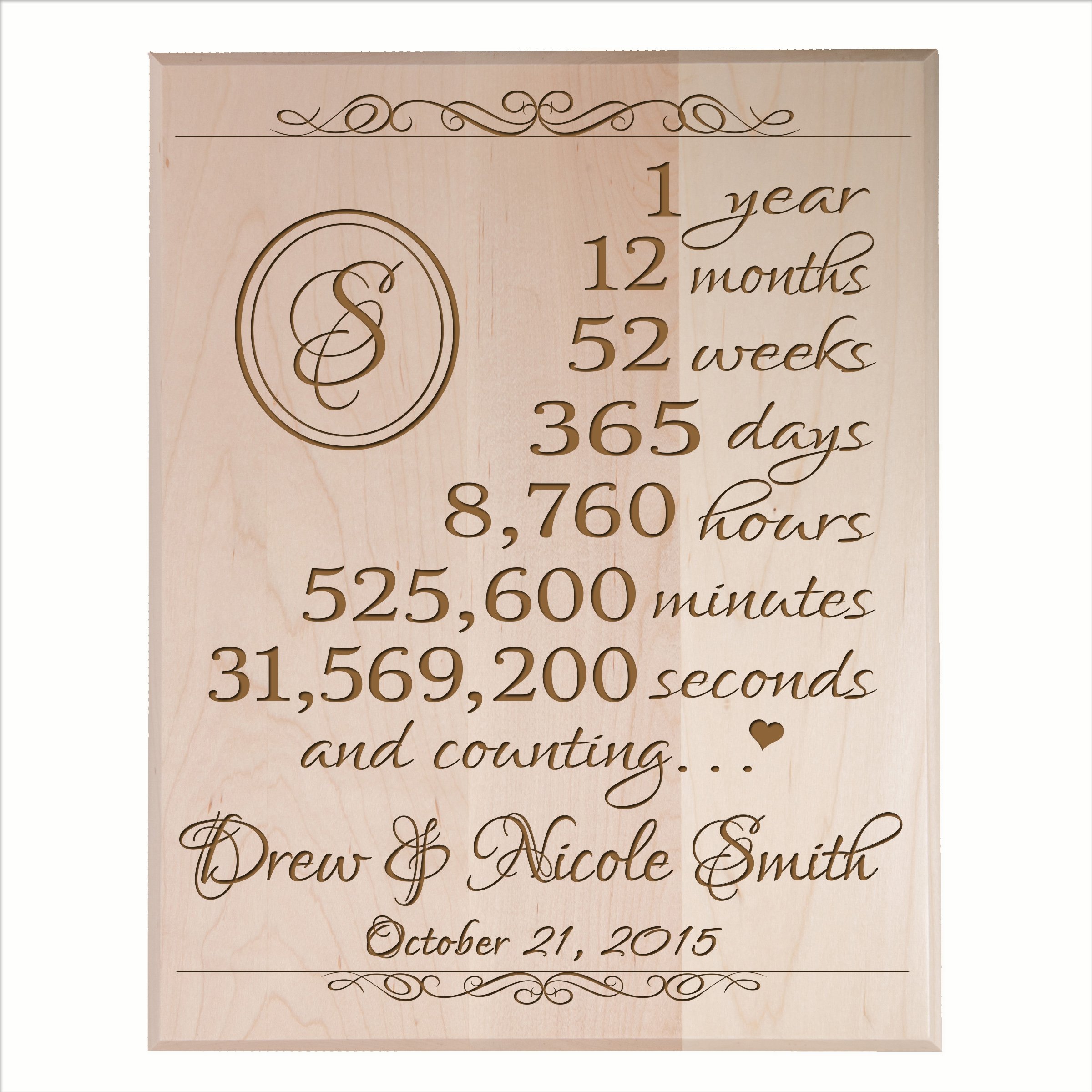 Personalized 1st Wedding Anniversary Plaque for Couples - Custom Engraved Maple Solid Wood Wall Art (12