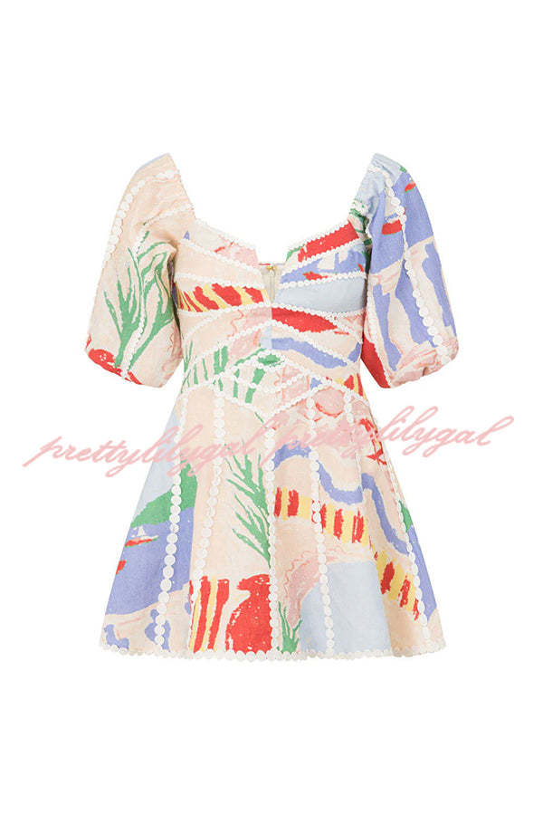 Como Linen Blend Ric Rac Trims Unique Print Puff Sleeve Mini Dress - Stylish Summer Casual Dress for Beach, Party & Date Night