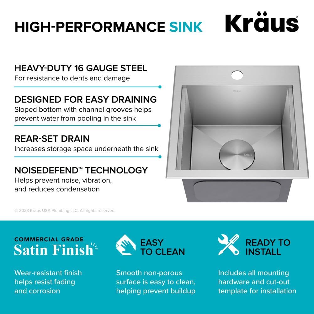 KRAUS Kore 15-Inch Drop-In/Top Mount Stainless Steel Kitchen Sink - 16 Gauge Single Bowl Bar Prep Sink with Accessories (Model KWT321-15) - Perfect for Small Kitchens, Bars, and Food Prep Stations