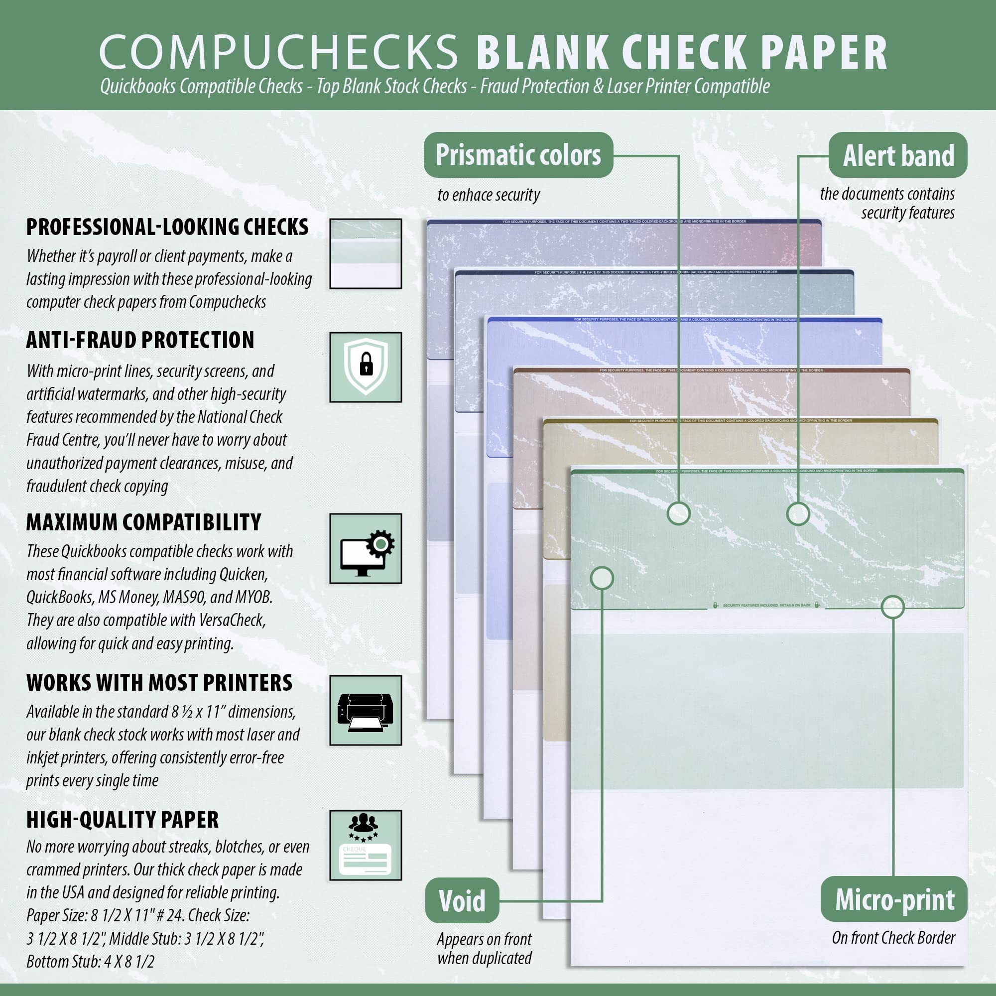 Compuchecks Check on Top Blank Check Paper - 2500 Pack, QuickBooks & Laser Printer Compatible - Secure Business Checks with Voucher - 8.5