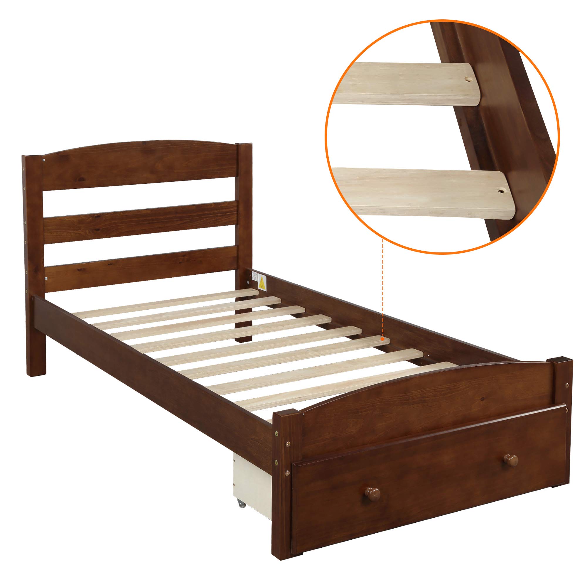 HABITRIO Solid Wood Twin Bed Frame with Headboard & Footboard, Underbed Storage Drawer, Wood Slat Support for Mattress Foundation, 275lbs Weight Capacity (Walnut) - Perfect for Kids Room, Guest Bedroom & Small Space Furniture