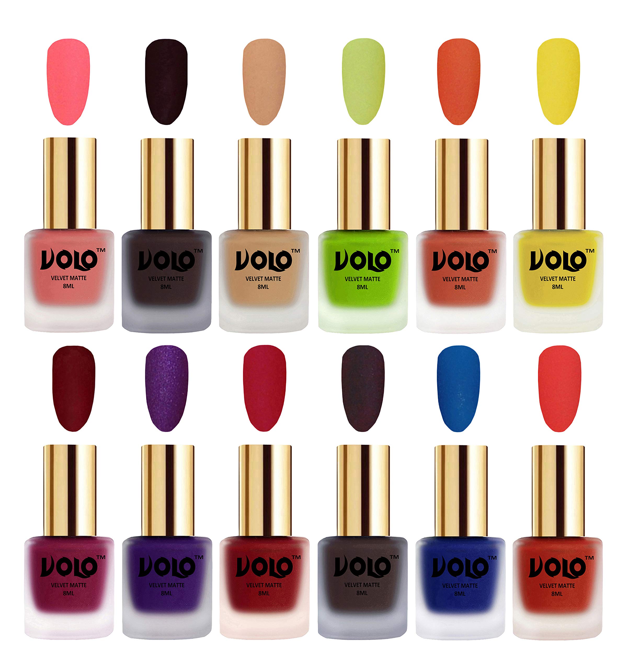 Volo Velvet Matte Nail Polish Set - 12 Pack (96ml Each) | Dark Peach, Wine, Nude, Carrot Red, Metallic Purple, Coffee, Blue, Coral | Long-Lasting Dull Finish | Perfect for Salon, Home Manicure & Gift Giving