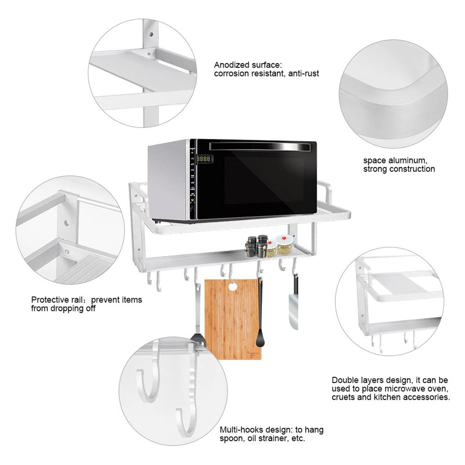 Double Layer Microwave Shelf - Wall Mounted Kitchen Storage Organizer with 10 Hooks for Pans, Pots, Knives & Spoons | Space Saving Kitchen Rack for Small Kitchens & Apartments