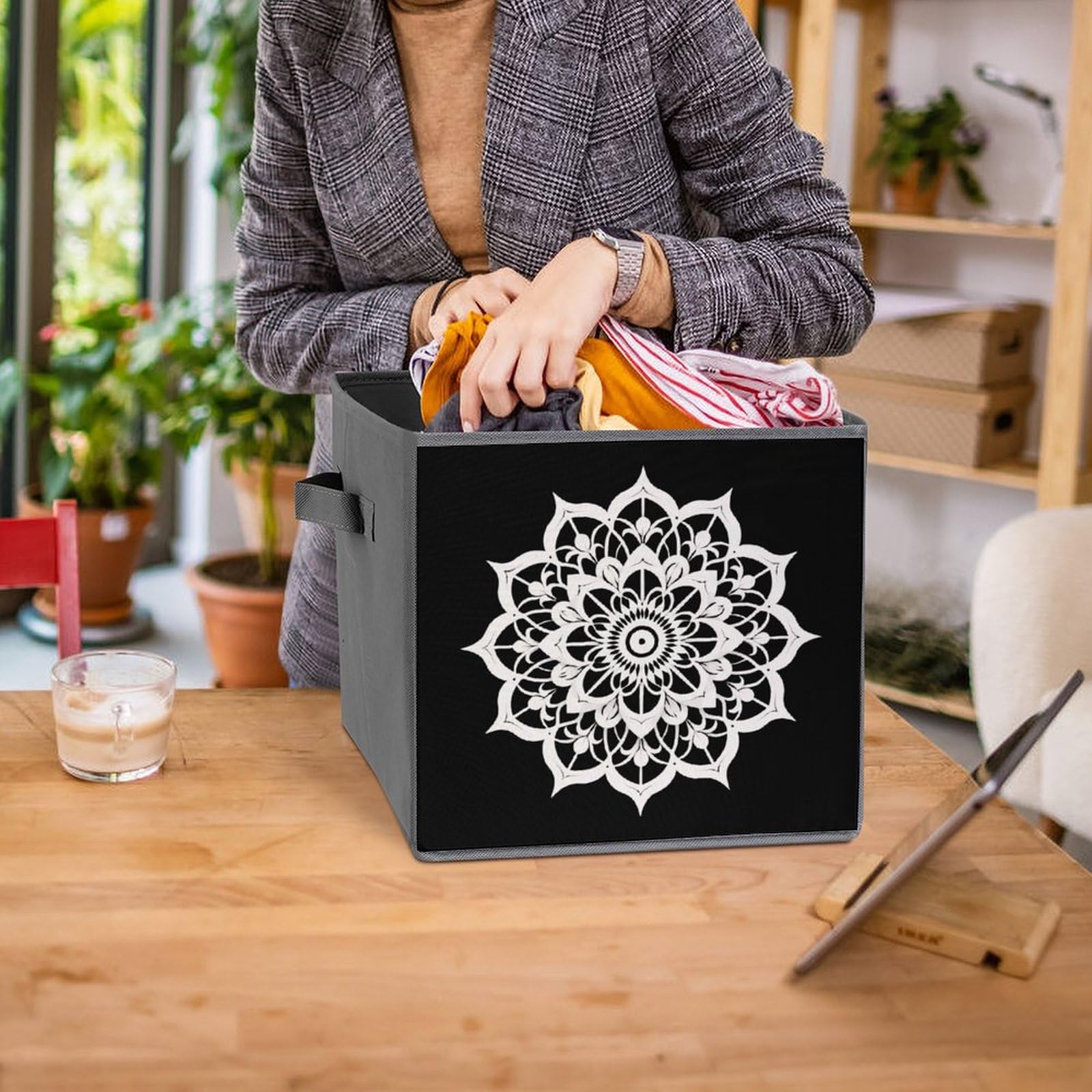 6-Pack Mandala Lotus Flower Foldable Storage Cubes - Square Fabric Bins with Handles for Closet, Nursery, or Office Organization | Space-Saving Home Decor Storage Solution