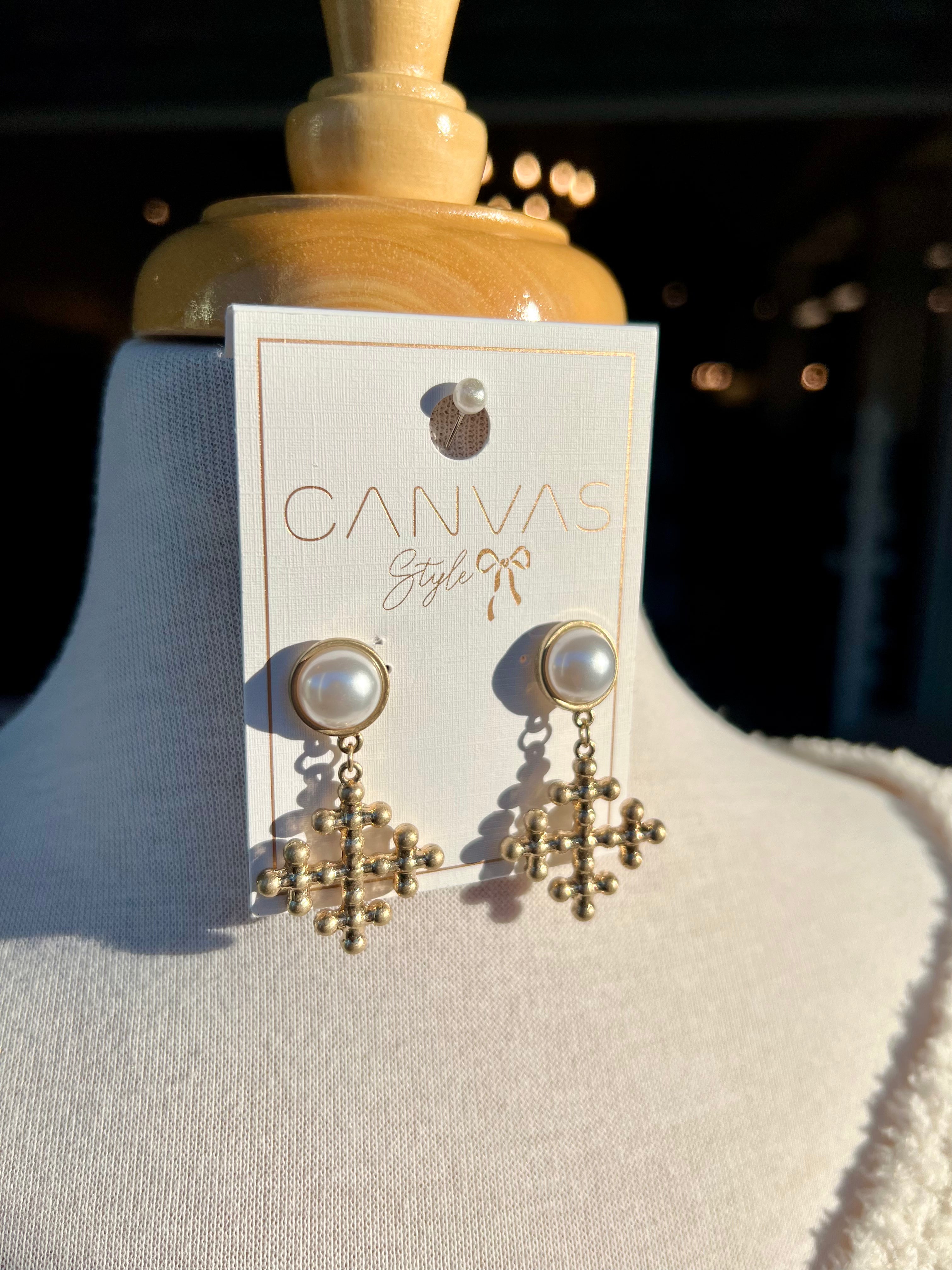 Canvas Wren Cross Drop Earrings in Worn Gold - Vintage Style Bohemian Jewelry for Women - Perfect for Church, Weddings & Everyday Fashion