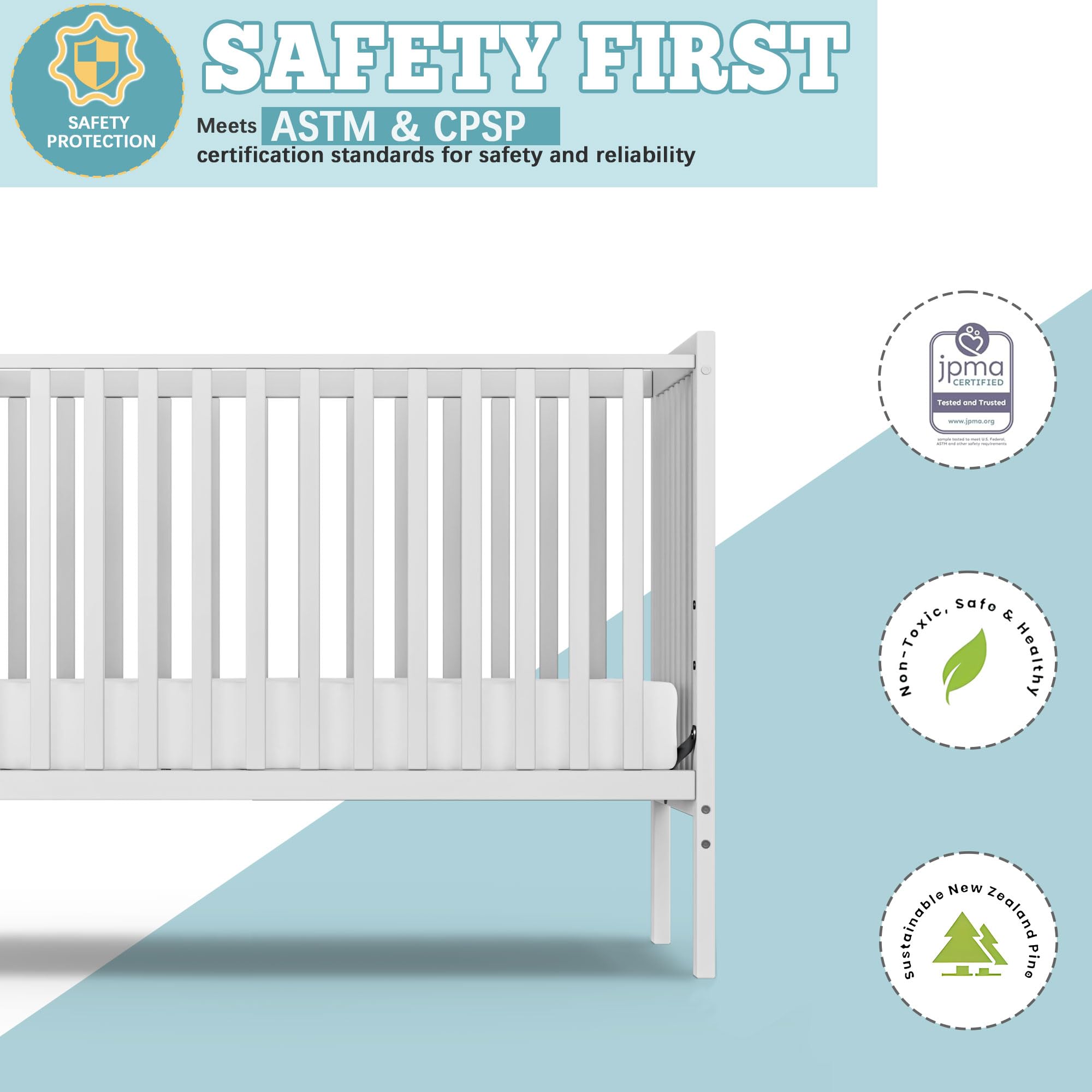 5-in-1 Convertible Baby Crib to Toddler Bed - Sustainable Natural Pinewood Nursery Furniture with Non-Toxic Finish - White | Safe & Stylish Crib for Newborns, Infants & Toddlers | Perfect for Small Spaces & Modern Nurseries