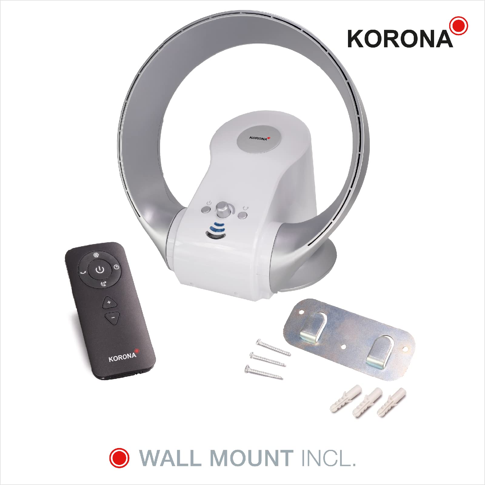 Korona 81008 Wall & Table Fan | Bladeless Oscillating Fan with Wall Mount | 26W, Timer, Remote Control | Silver White | Perfect for Bedroom, Office & Home Cooling