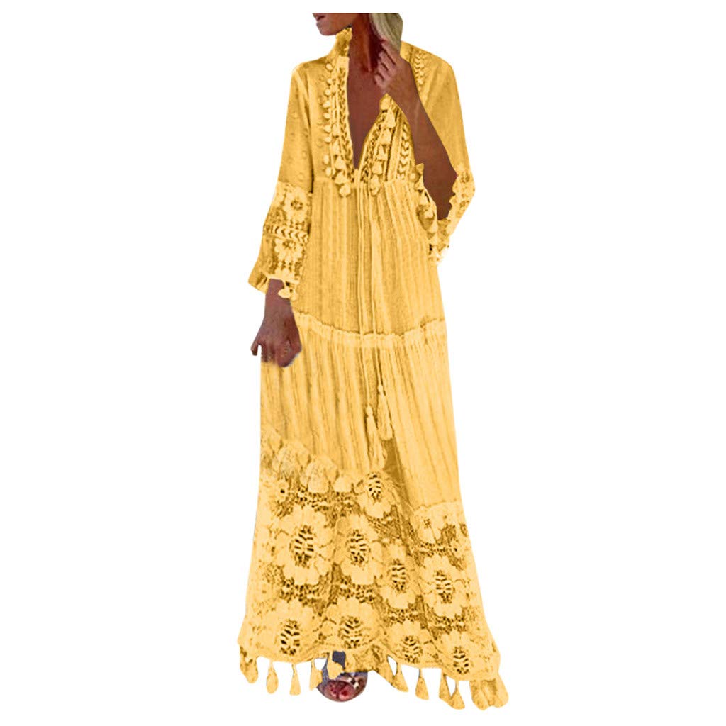 Boho Maxi Dresses for Women - Long Sleeve V Neck Lace Summer Dress in Pink | Casual Vacation & Beach Wear | Perfect for Outdoor Weddings, Music Festivals & Tropical Getaways