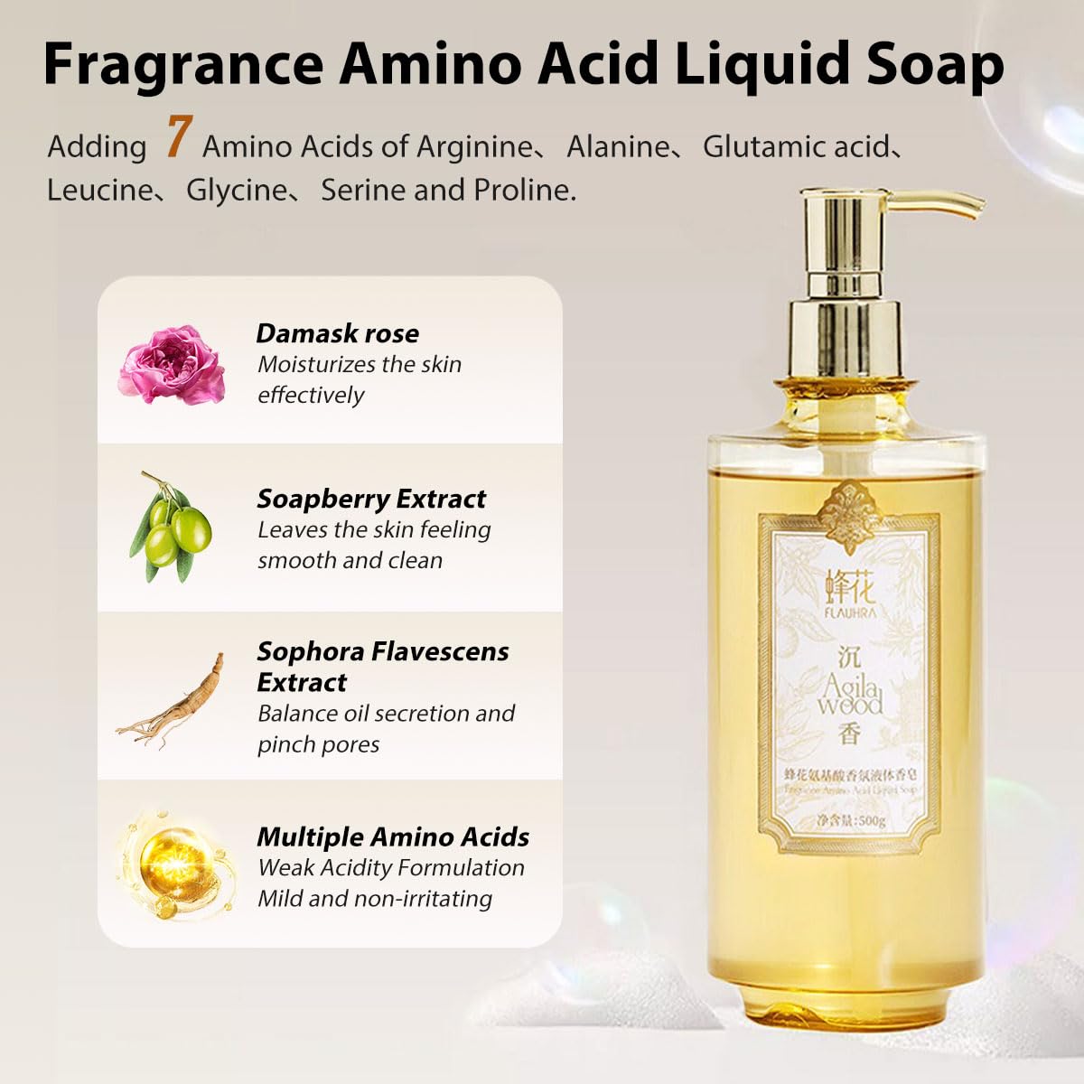 Bee & Flower Moisture Body Wash - Amino Acid Shower Gel with Luxurious Snow & Agilawood Fragrance | Mild & Gentle Cleanser for Face, Hair & Body | 16.8 Fl Oz | Perfect for Daily Shower, Spa Day & Gift Giving