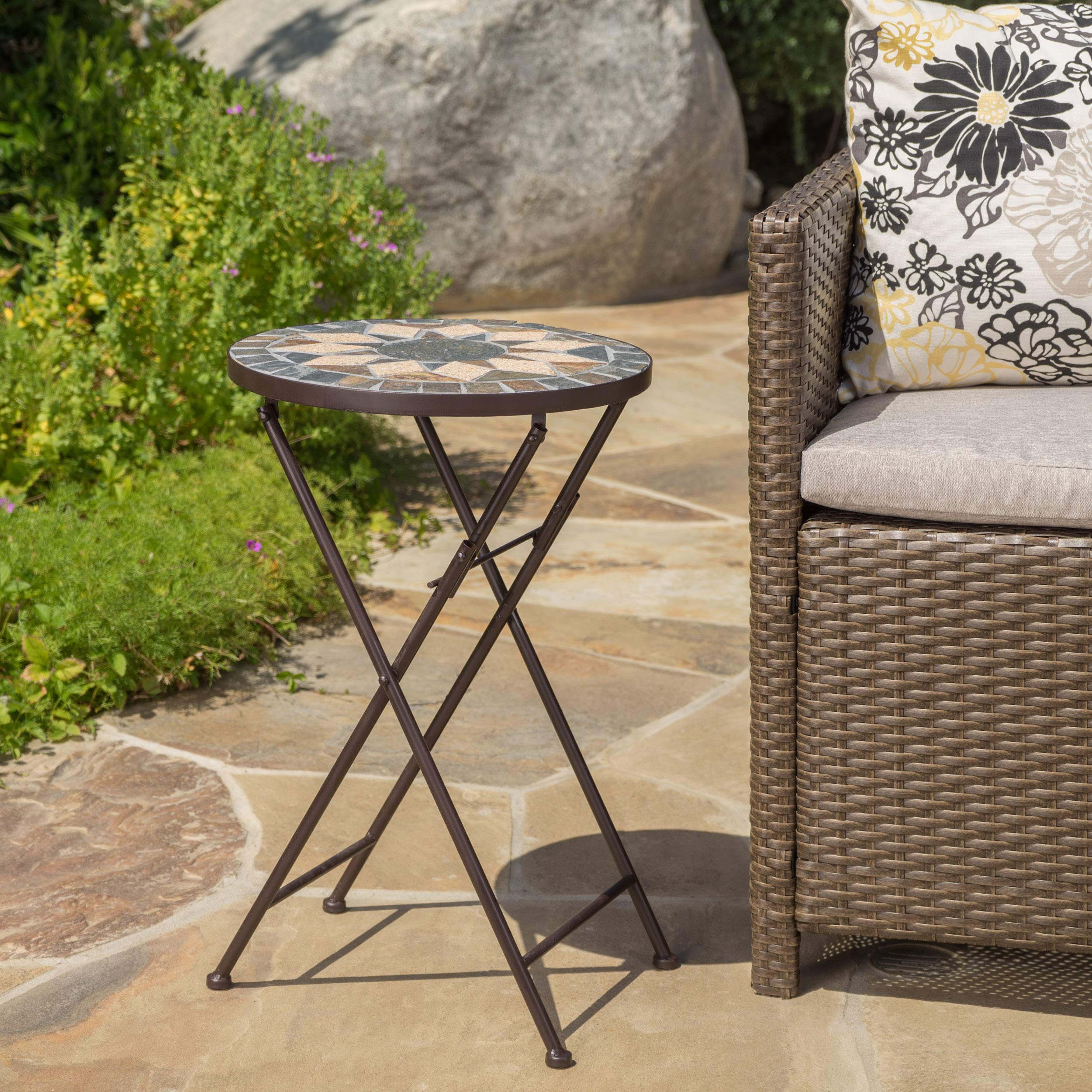 Christopher Knight Home Silvester Outdoor Stone Side Table with Iron Frame - Beige & Black - Perfect for Patio, Garden, and Poolside Decor