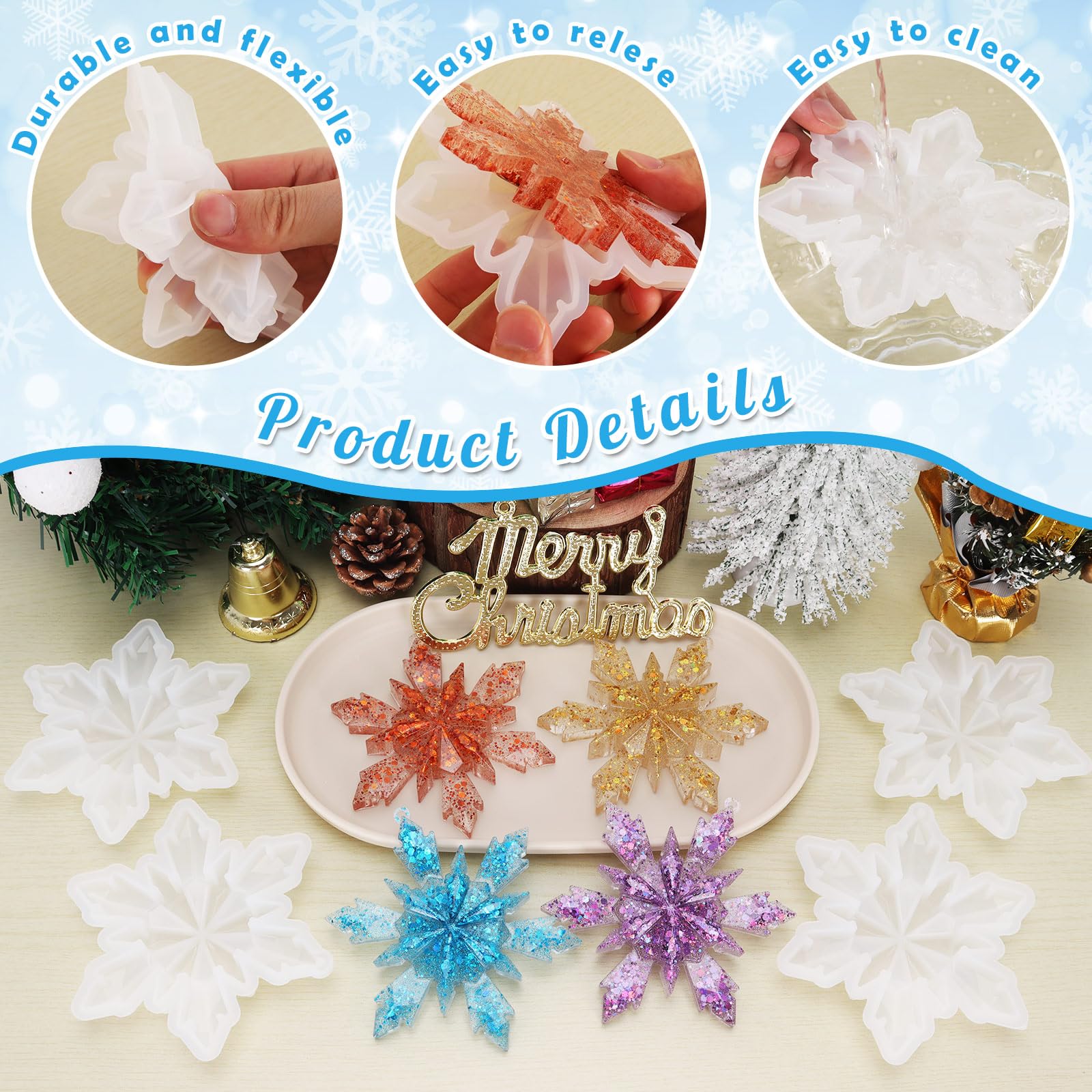4 Pcs Christmas Snowflake Resin Molds - Silicone 3D Snowflake Molds for DIY Ornaments, Tree Pendants & Holiday Crafts | Perfect for Christmas Decorations, Gift Making & Festive DIY Projects