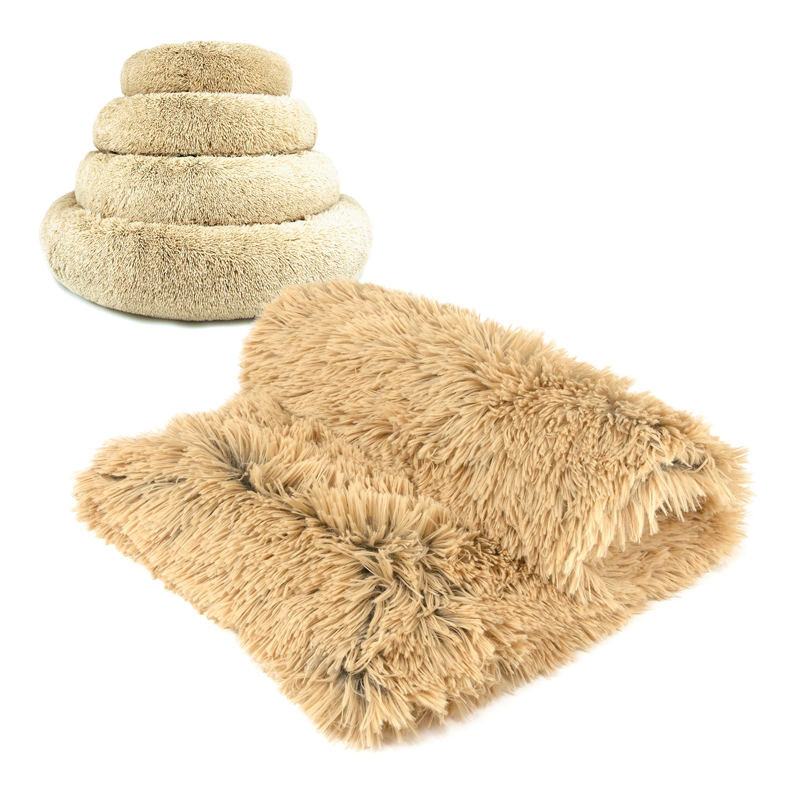 Premium Calming Dog Bed - Large Donut Blanket for Sound Sleep & Anxiety Relief, Beige Snuggle Bed for Small to Medium Dogs - Perfect for Crate, Travel & Home Comfort