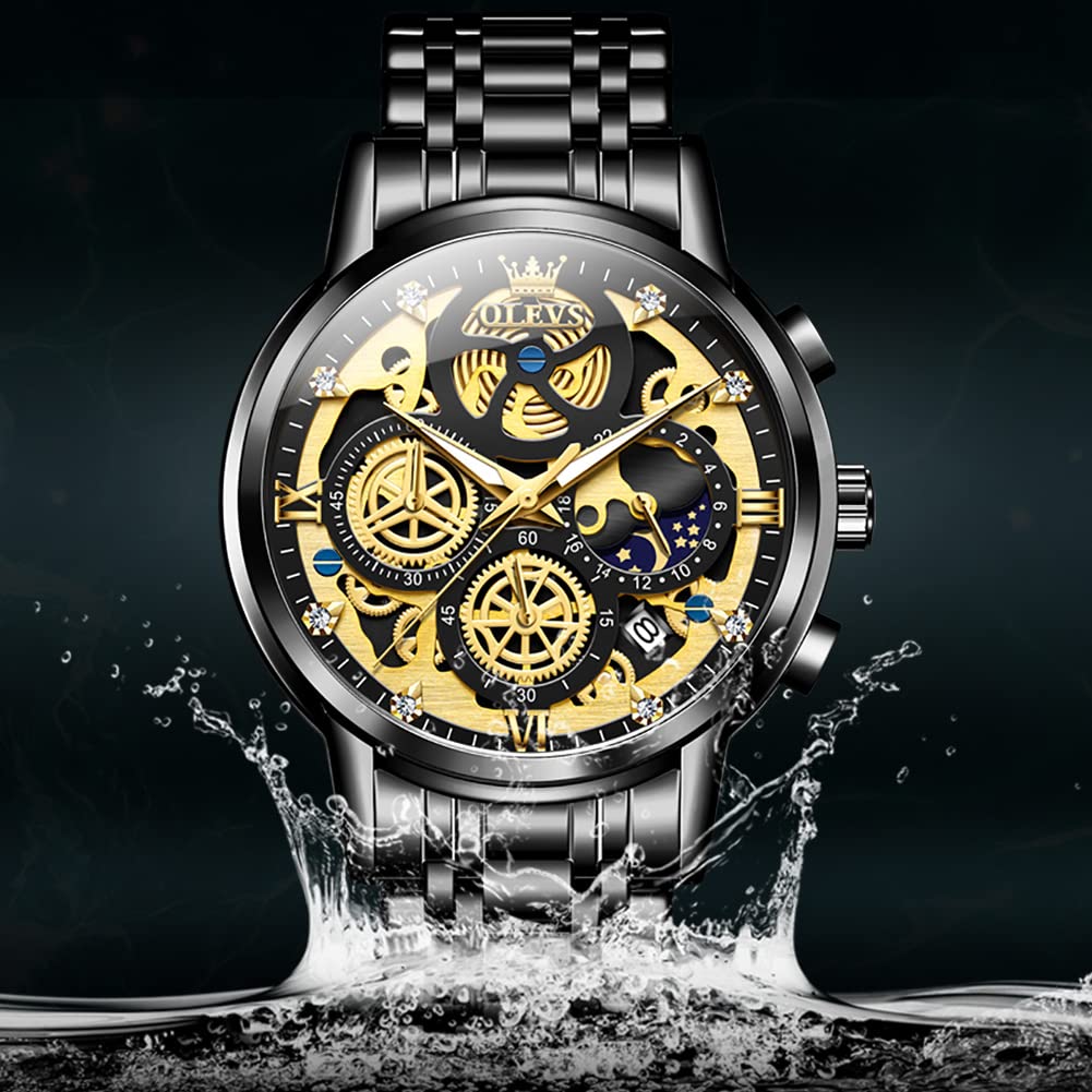 OLEVS Men's Luxury Chronograph Watch with Diamond Accents - Stainless Steel Analog Quartz Wristwatch, Waterproof & Luminous - Perfect for Business, Dress Occasions & Everyday Wear