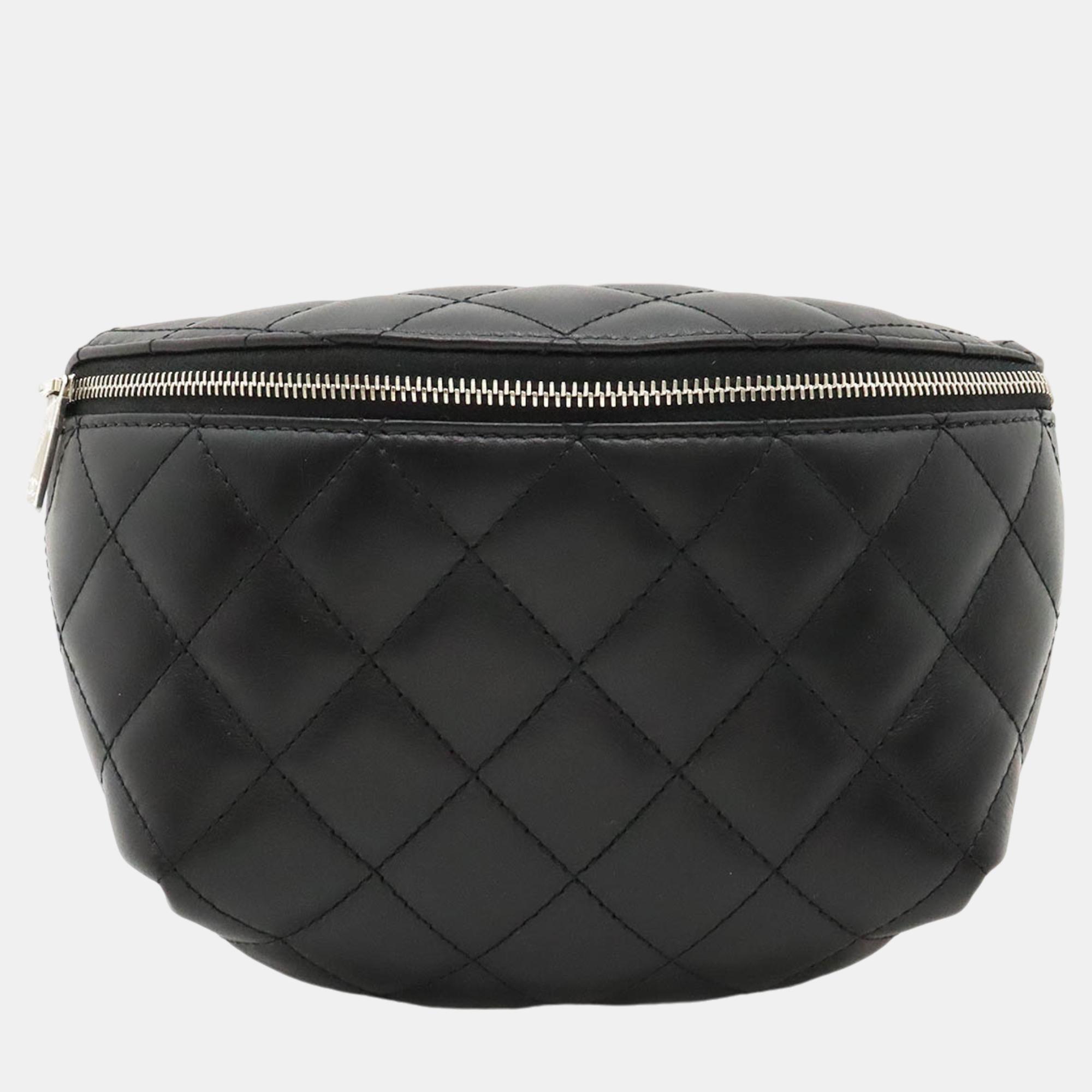 Stylish Black Calfskin Quilted Waist Belt Bag for Women | Fashionable Crossbody Fanny Pack | Perfect for Travel, Concerts & Everyday Use