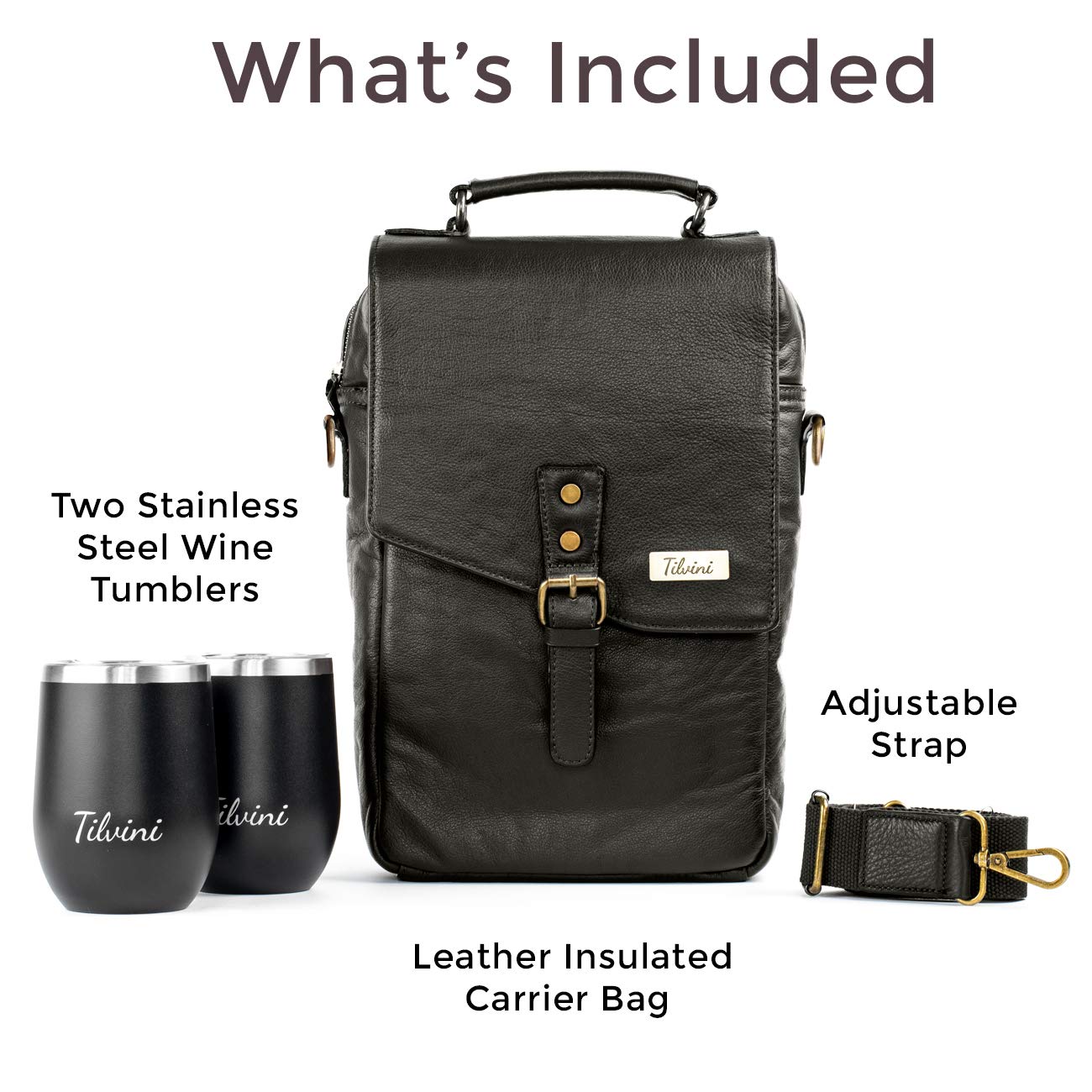 Premium Leather Wine Bag & Insulated Wine Tumblers Set - Best Birthday Gifts for Men, Wine Lovers - Durable Wine Carrier with Cooler Function - Perfect for Travel, Beach Picnics, Outdoor Parties & Romantic Dinners