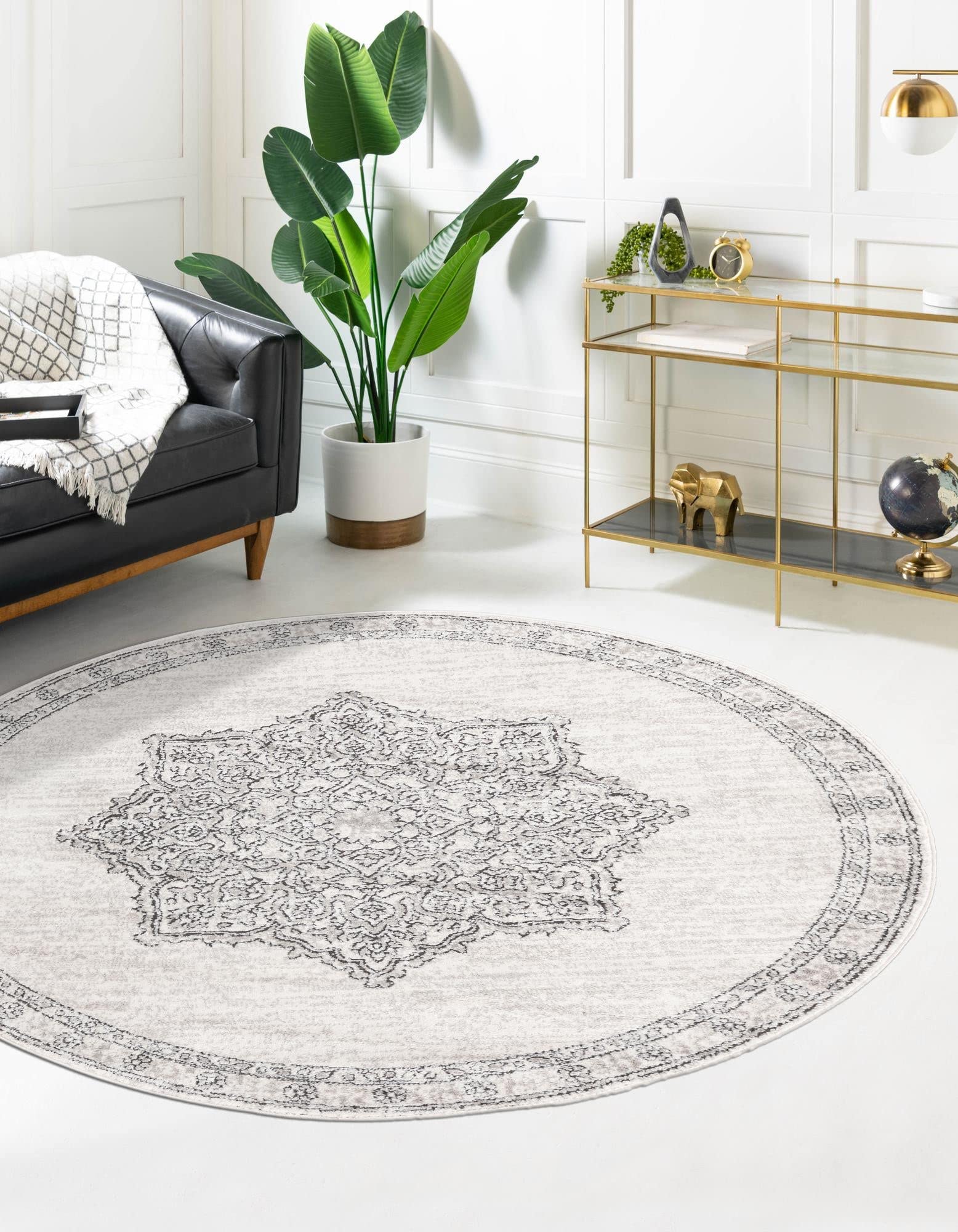 Unique Loom Nyla Collection Round Area Rug - 12' x 12' Ivory & Black Modern Abstract Design - Perfect for Living Room, Bedroom or Office Decor