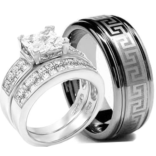 His and Hers 925 Sterling Silver Tungsten Engagement Wedding Rings Set - Matching Couple Bands for Anniversaries, Proposals & Romantic Occasions #M11SP35