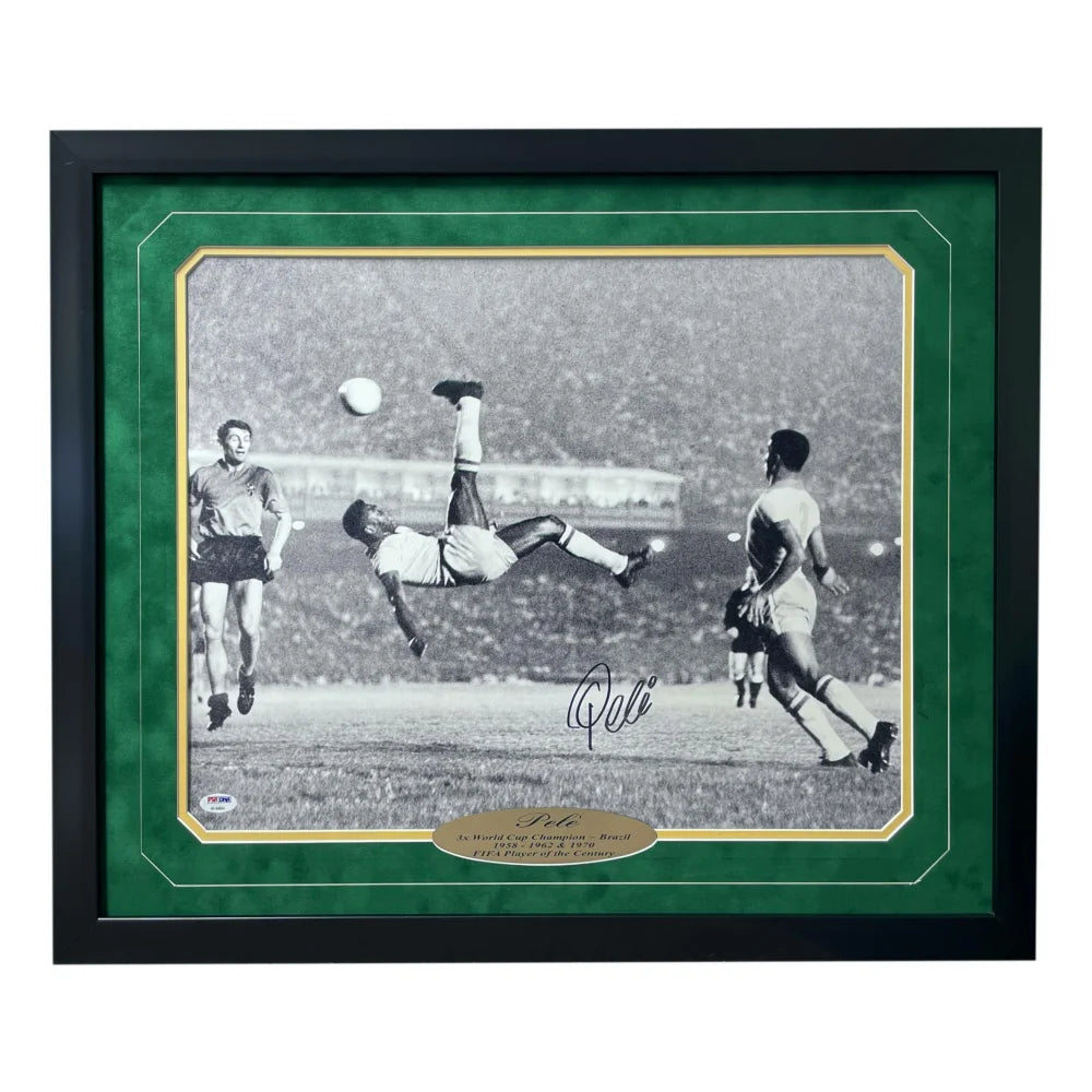 Pele Signed Bicycle Kick 16x20 Photo Framed Autograph - Brazil & Cosmos Legend - PSA/DNA Certified COA - Perfect for Soccer Memorabilia Collections & Man Cave Decor