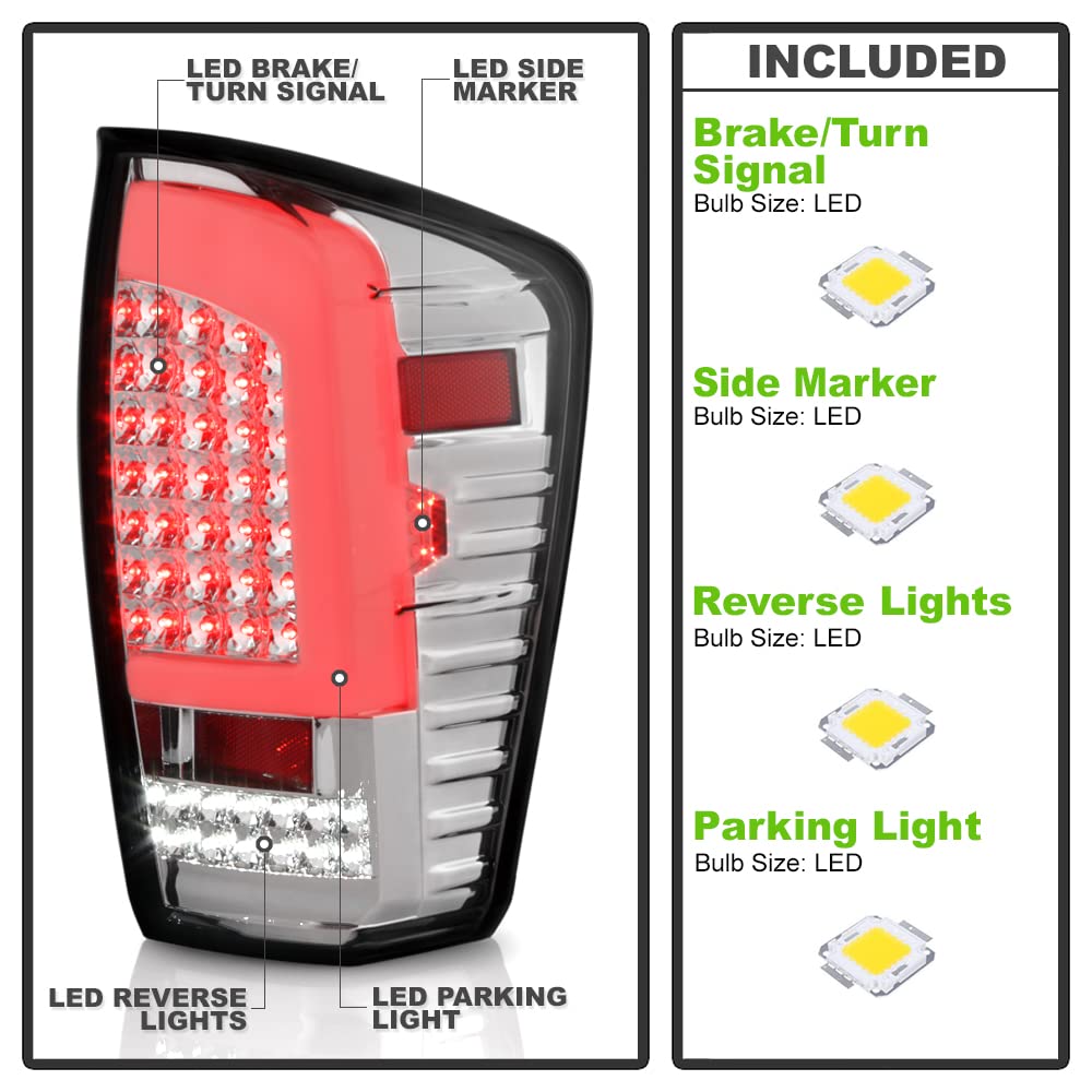 ACANII Chrome Full LED Tail Lights with C Tube for 2016-2023 Toyota Tacoma Pickup Truck - Brake Lamps Pair Set (Left+Right) - Upgrade Your Truck's Style & Safety for Night Driving and Off-Road Adventures