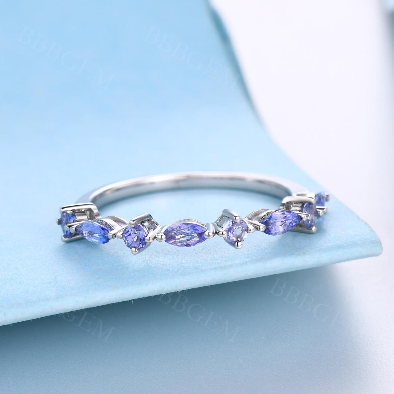 Natural Tanzanite Women's Band Ring - Marquise & Round Cut Half Eternity Shared Prong Gemstone Ring for Wedding, Anniversary & Special Occasions